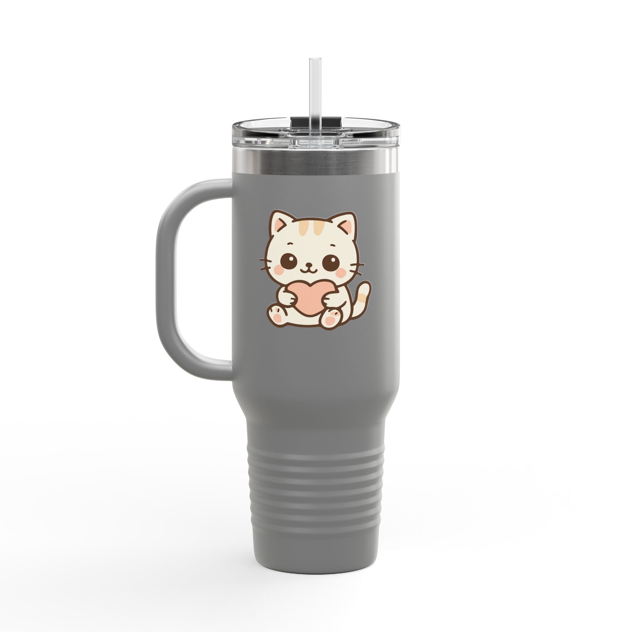 40oz Insulated Travel Mug Tumbler— Cute Kawaii Kitten Holding Heart