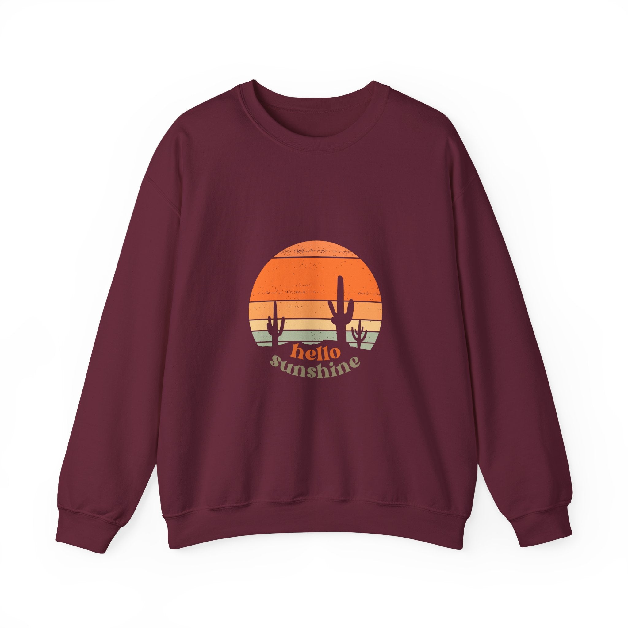 Hello Sunshine Crewneck Sweatshirt — Retro Sunset Cactus Graphic