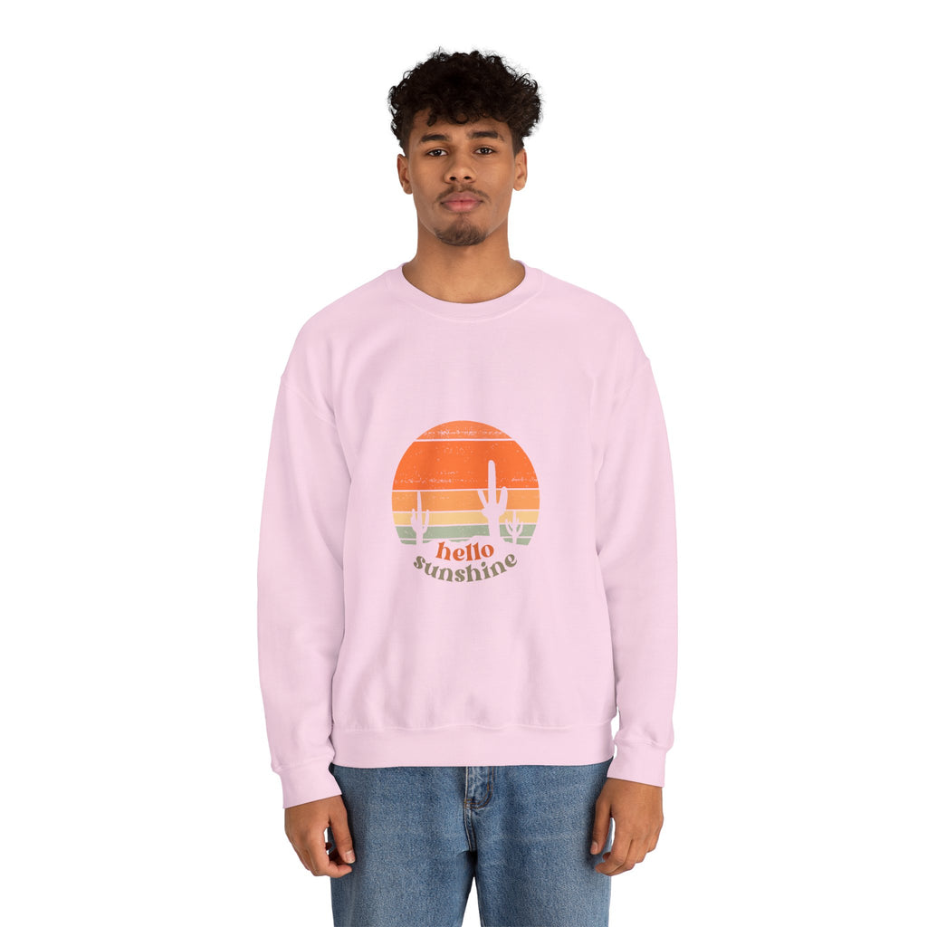 Hello Sunshine Crewneck Sweatshirt — Retro Sunset Cactus Graphic