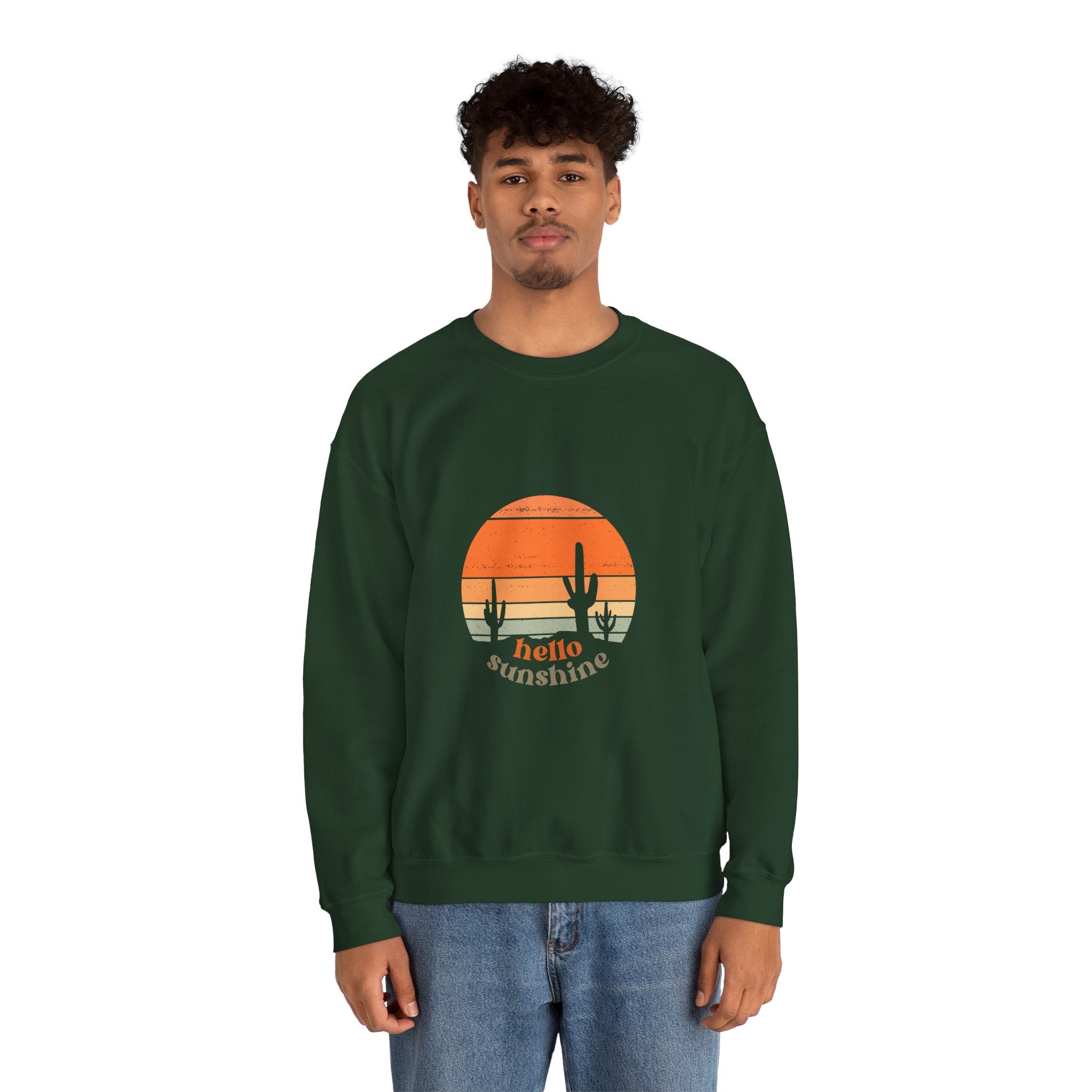 Hello Sunshine Crewneck Sweatshirt — Retro Sunset Cactus Graphic