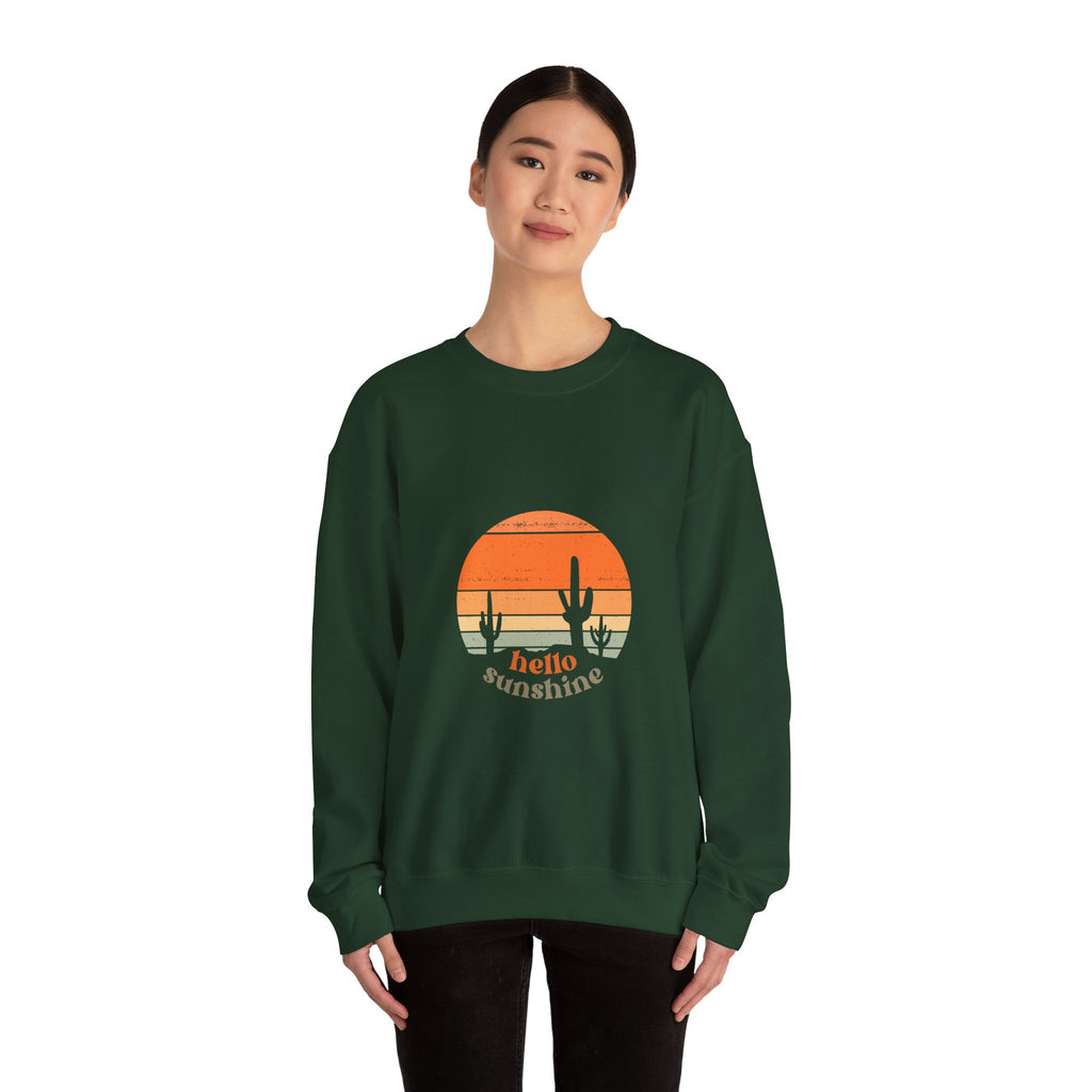 Hello Sunshine Crewneck Sweatshirt — Retro Sunset Cactus Graphic