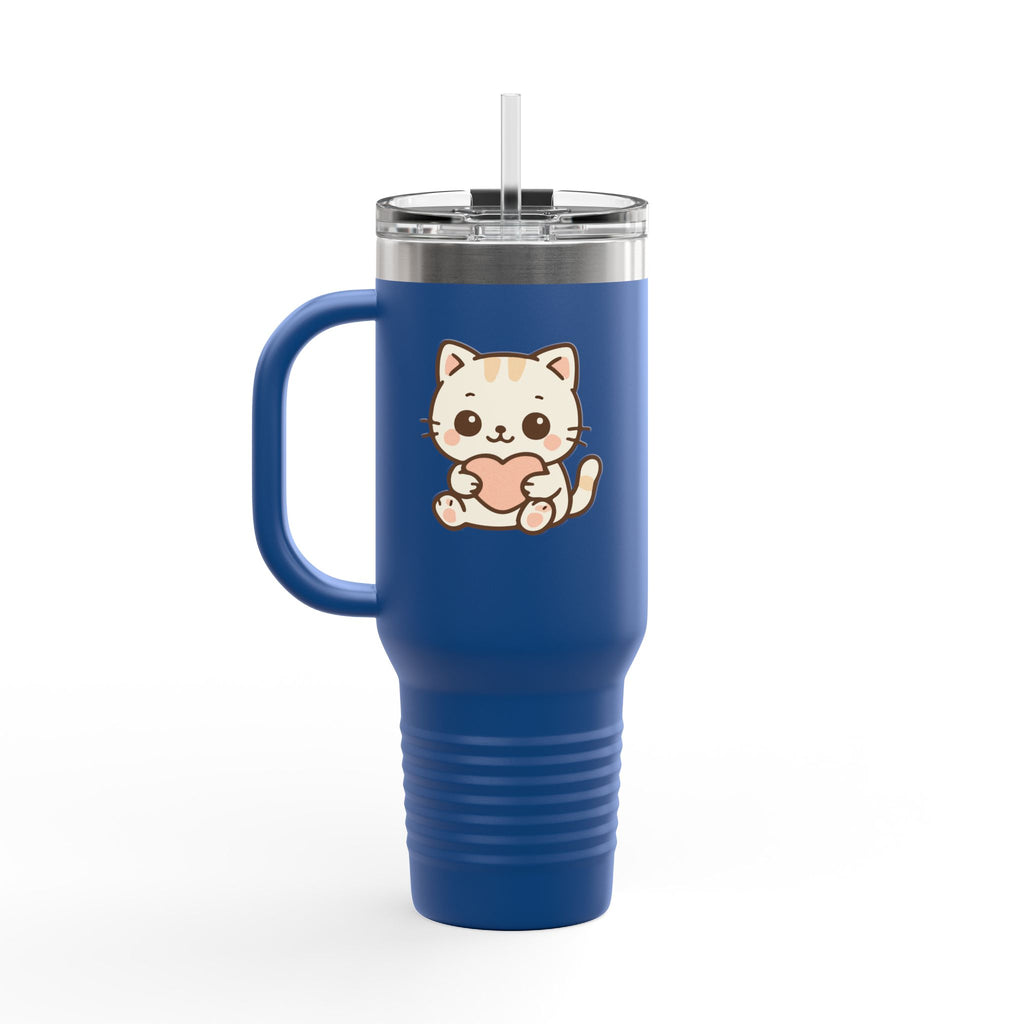 40oz Insulated Travel Mug Tumbler— Cute Kawaii Kitten Holding Heart