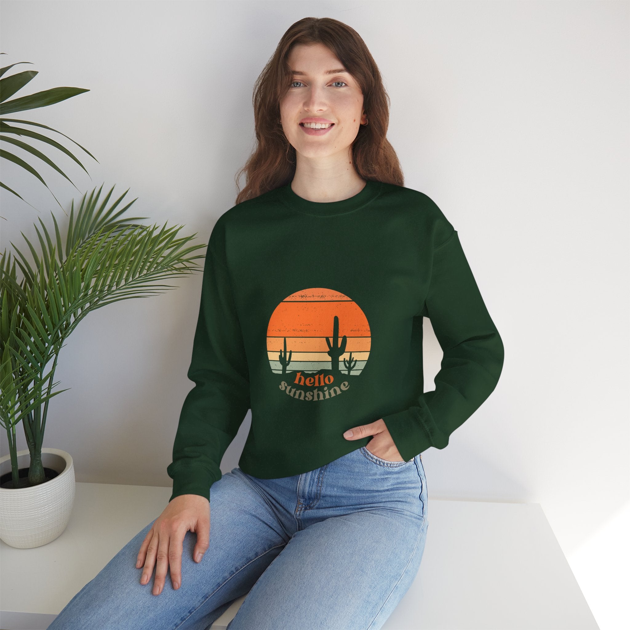 Hello Sunshine Crewneck Sweatshirt — Retro Sunset Cactus Graphic