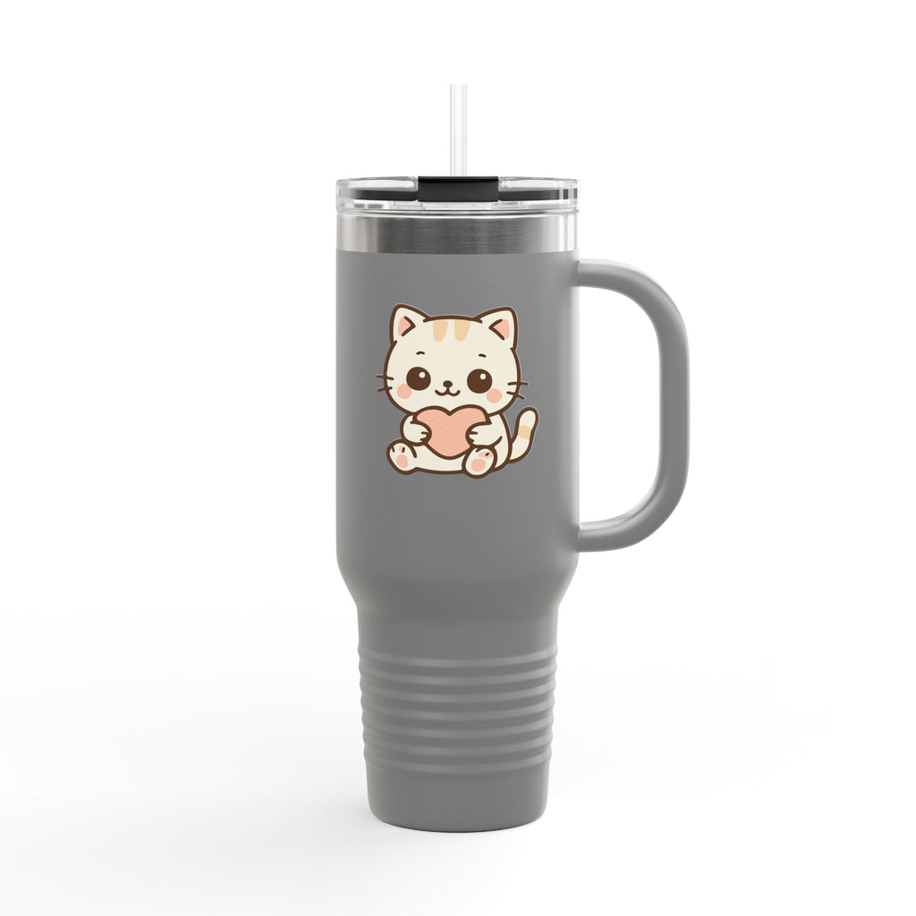 40oz Insulated Travel Mug Tumbler— Cute Kawaii Kitten Holding Heart