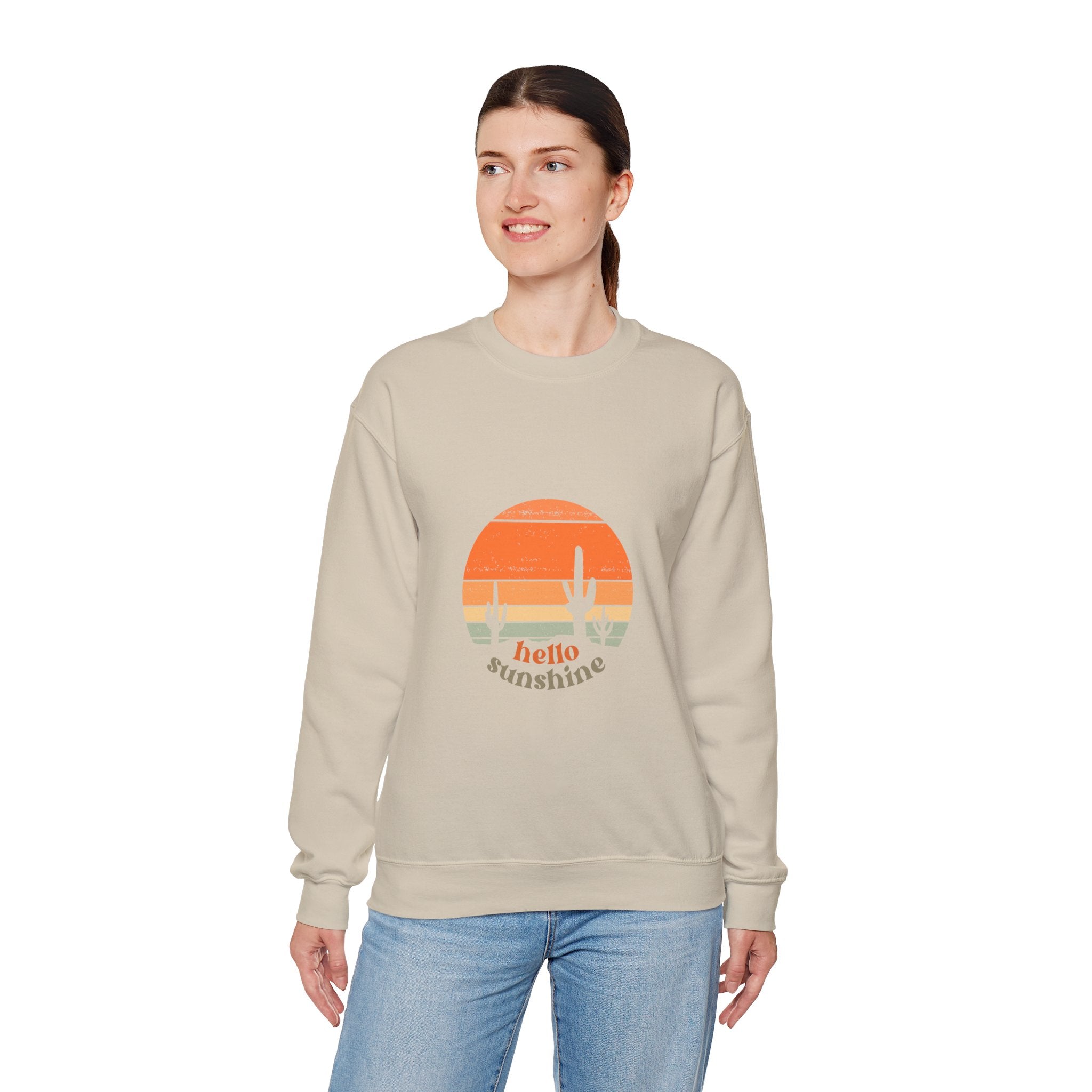 Hello Sunshine Crewneck Sweatshirt — Retro Sunset Cactus Graphic