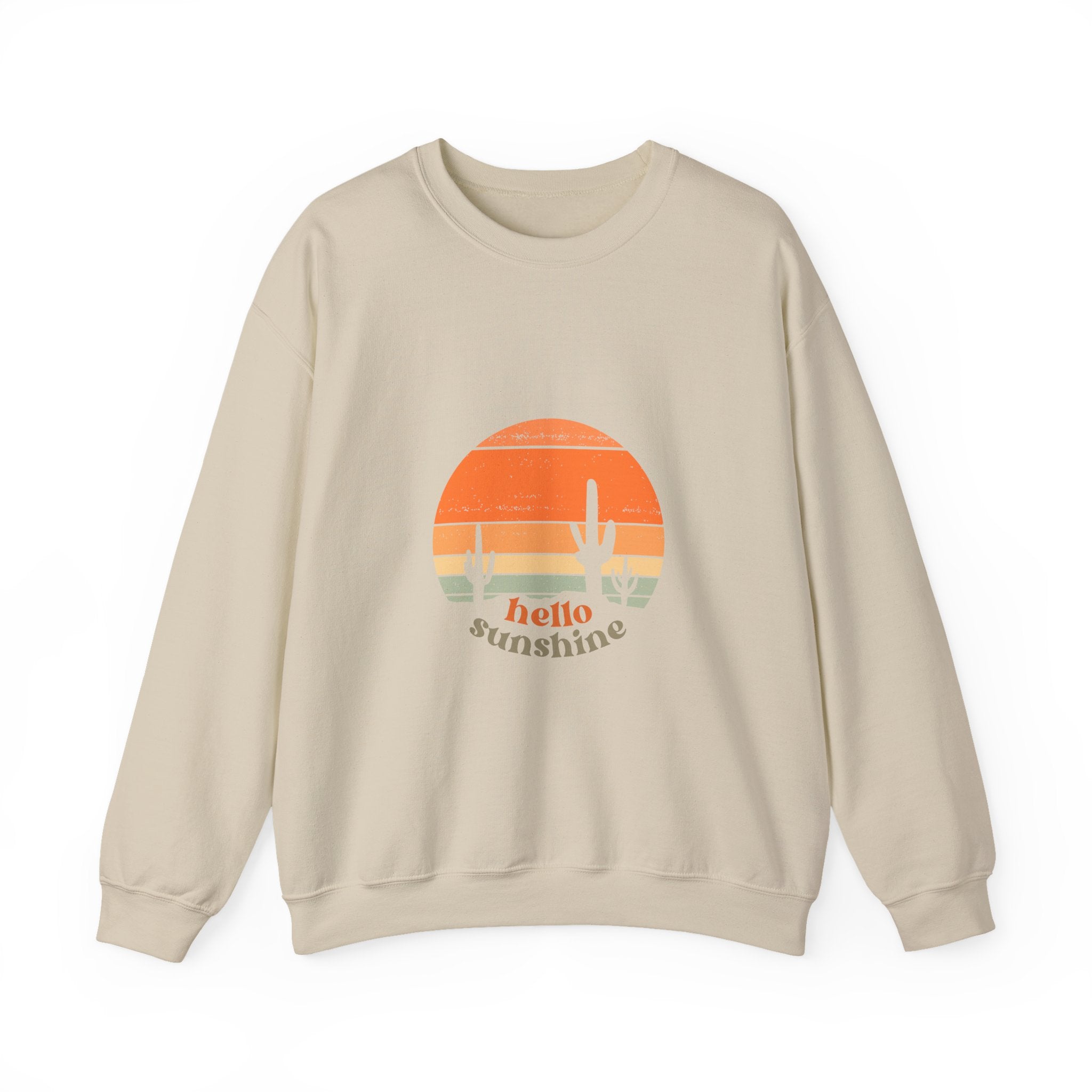 Hello Sunshine Crewneck Sweatshirt — Retro Sunset Cactus Graphic