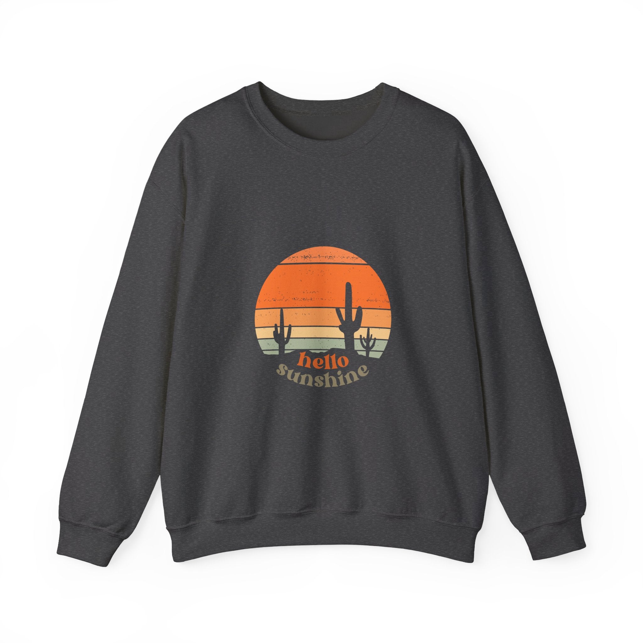 Hello Sunshine Crewneck Sweatshirt — Retro Sunset Cactus Graphic