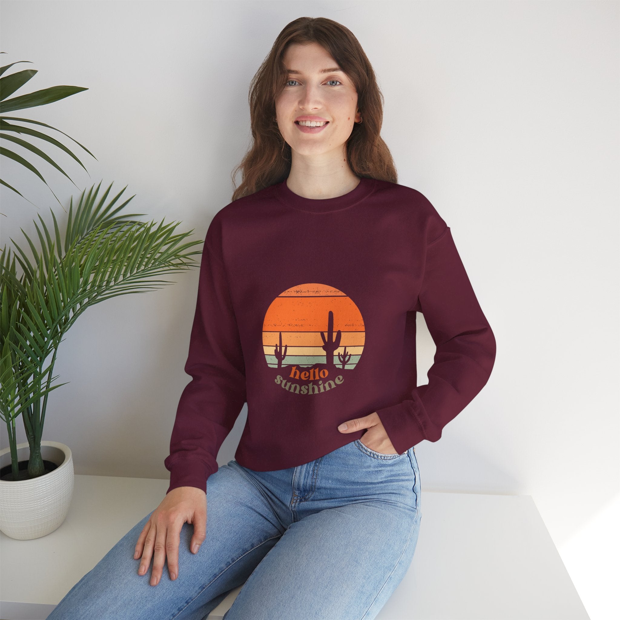 Hello Sunshine Crewneck Sweatshirt — Retro Sunset Cactus Graphic