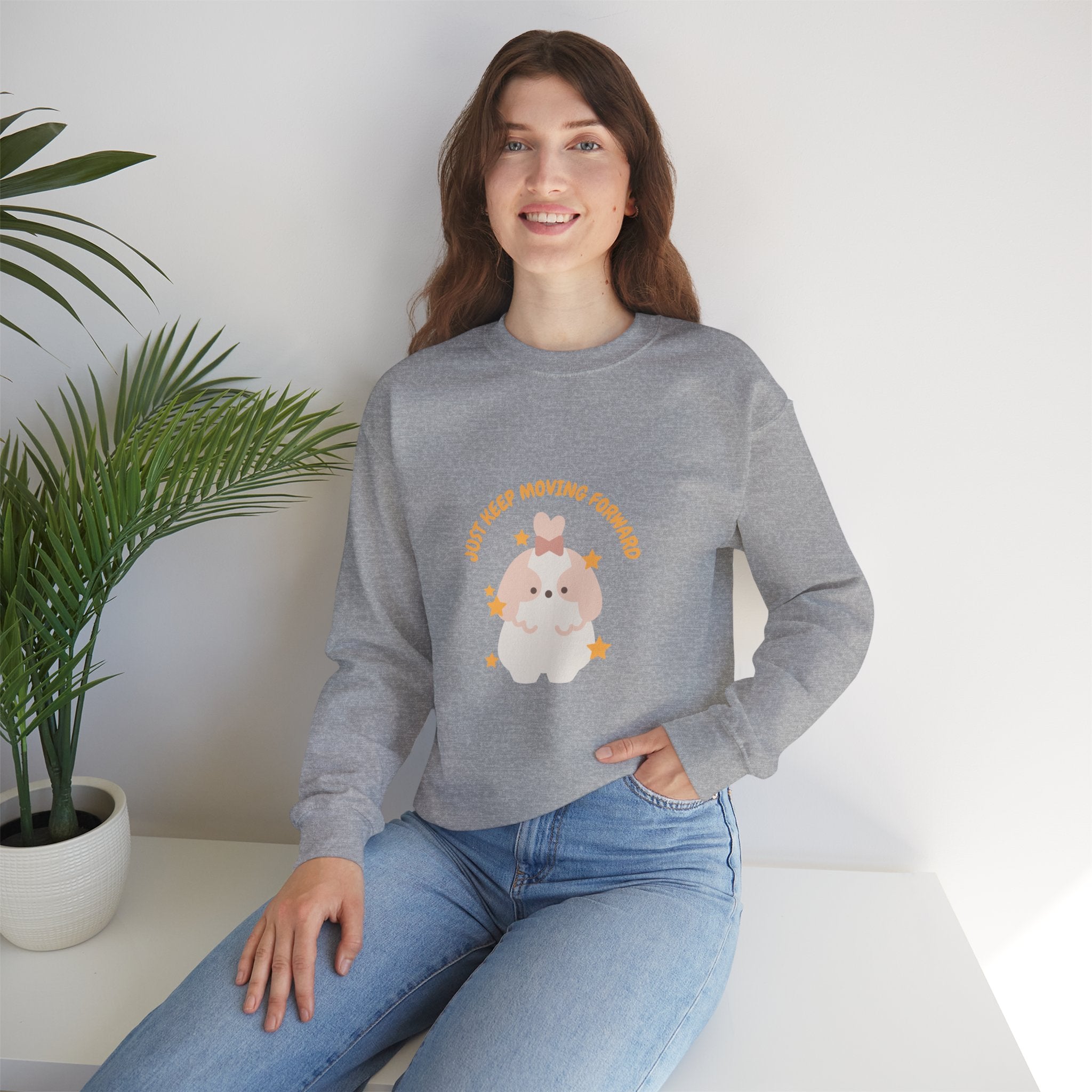 Crewneck Sweatshirt — Cute Kawaii Stars Design "Just Keep Moving Forward"