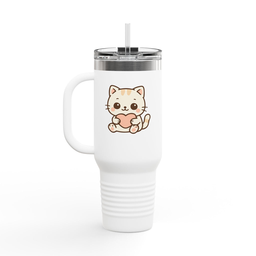40oz Insulated Travel Mug Tumbler— Cute Kawaii Kitten Holding Heart