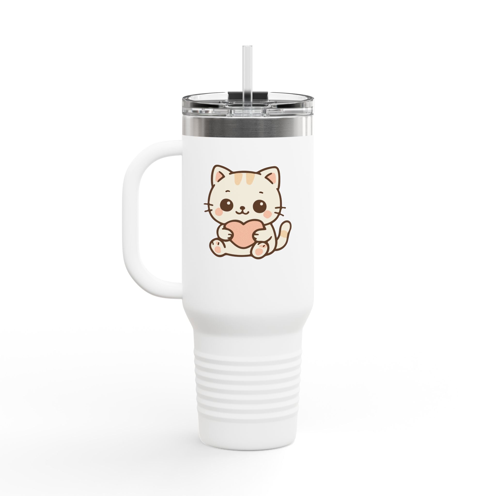 40oz Insulated Travel Mug Tumbler— Cute Kawaii Kitten Holding Heart