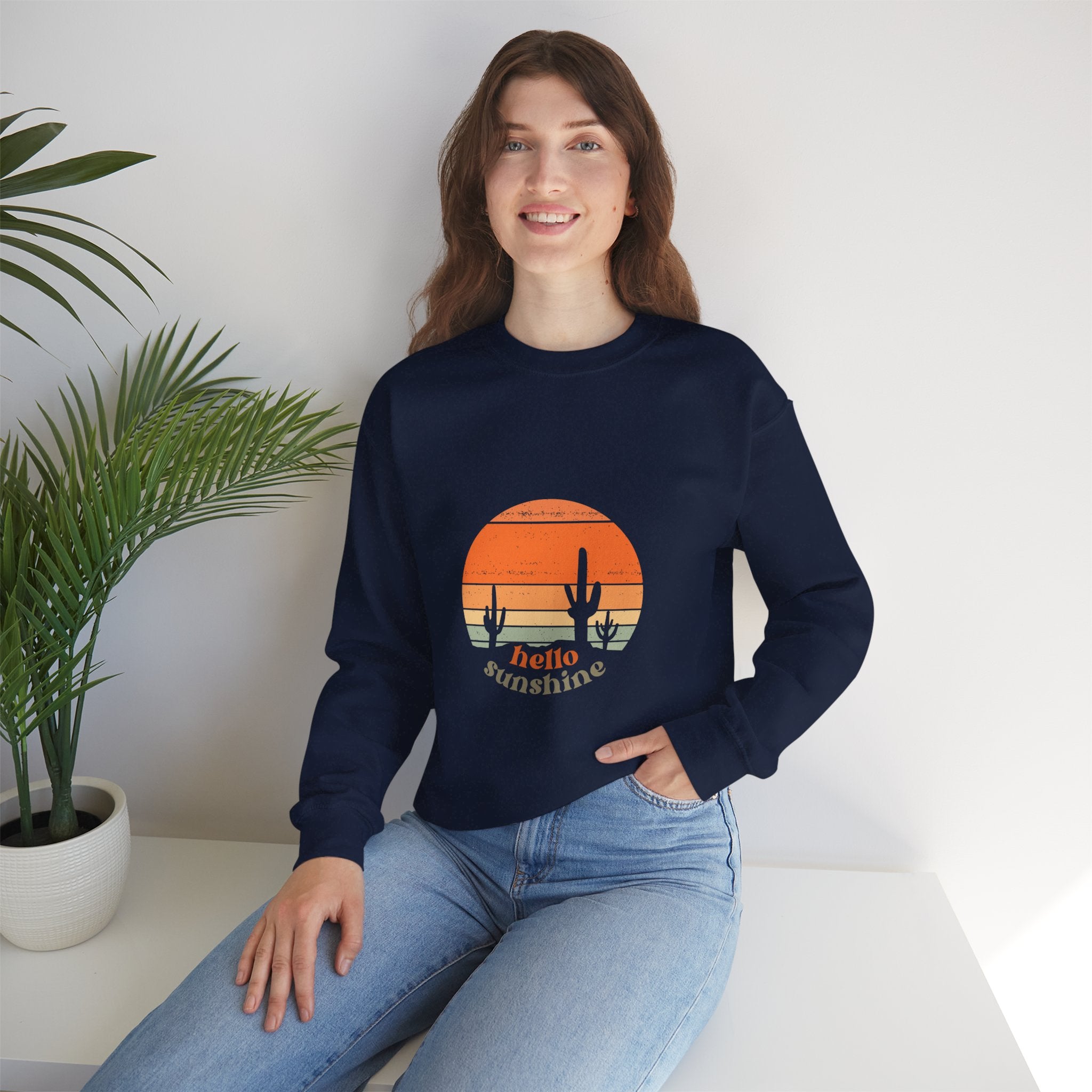 Hello Sunshine Crewneck Sweatshirt — Retro Sunset Cactus Graphic