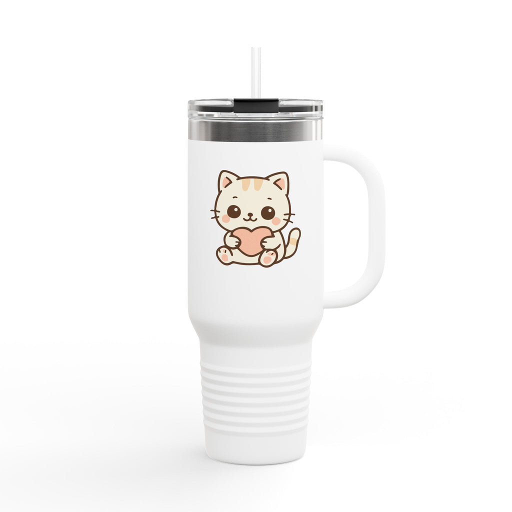 40oz Insulated Travel Mug Tumbler— Cute Kawaii Kitten Holding Heart