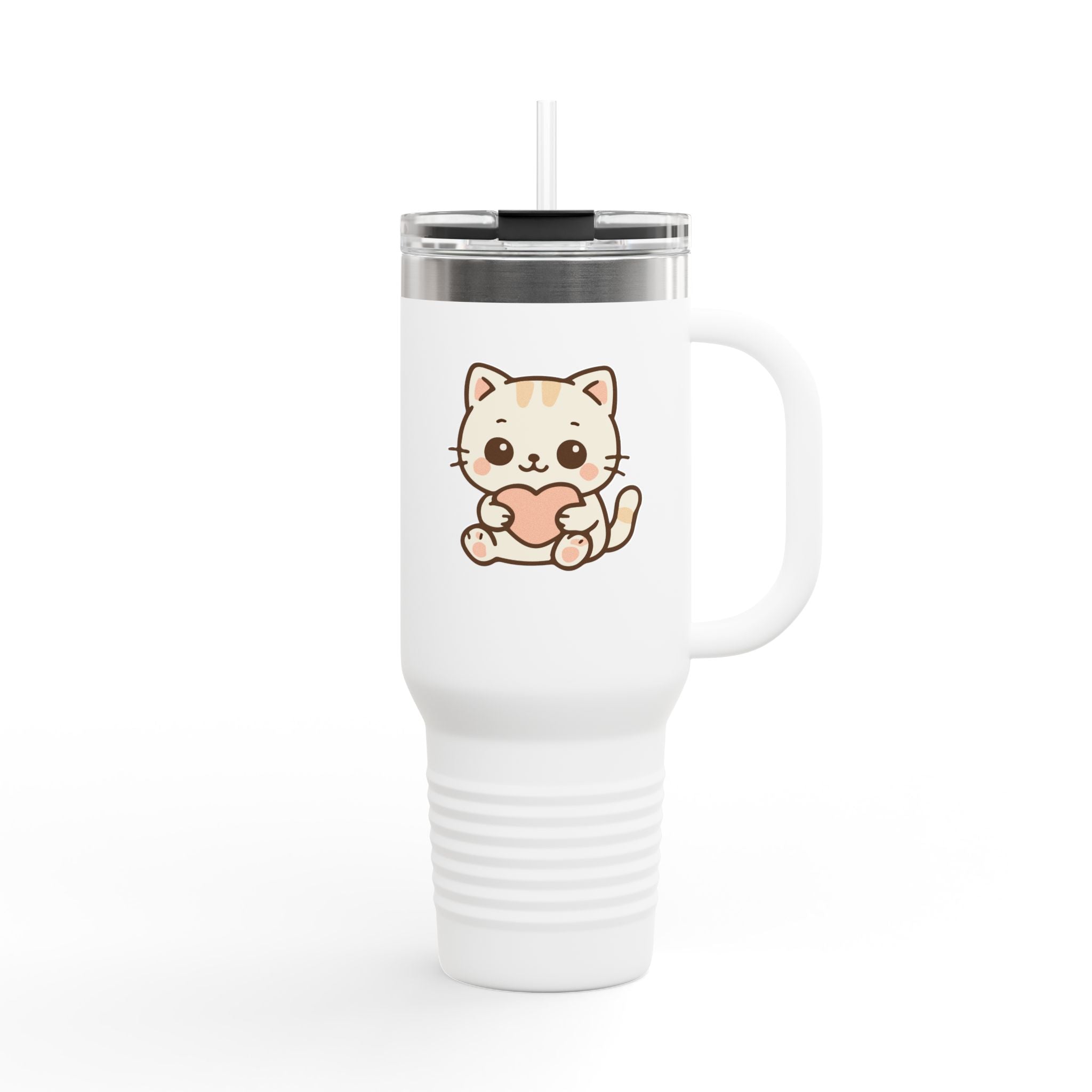 40oz Insulated Travel Mug Tumbler— Cute Kawaii Kitten Holding Heart