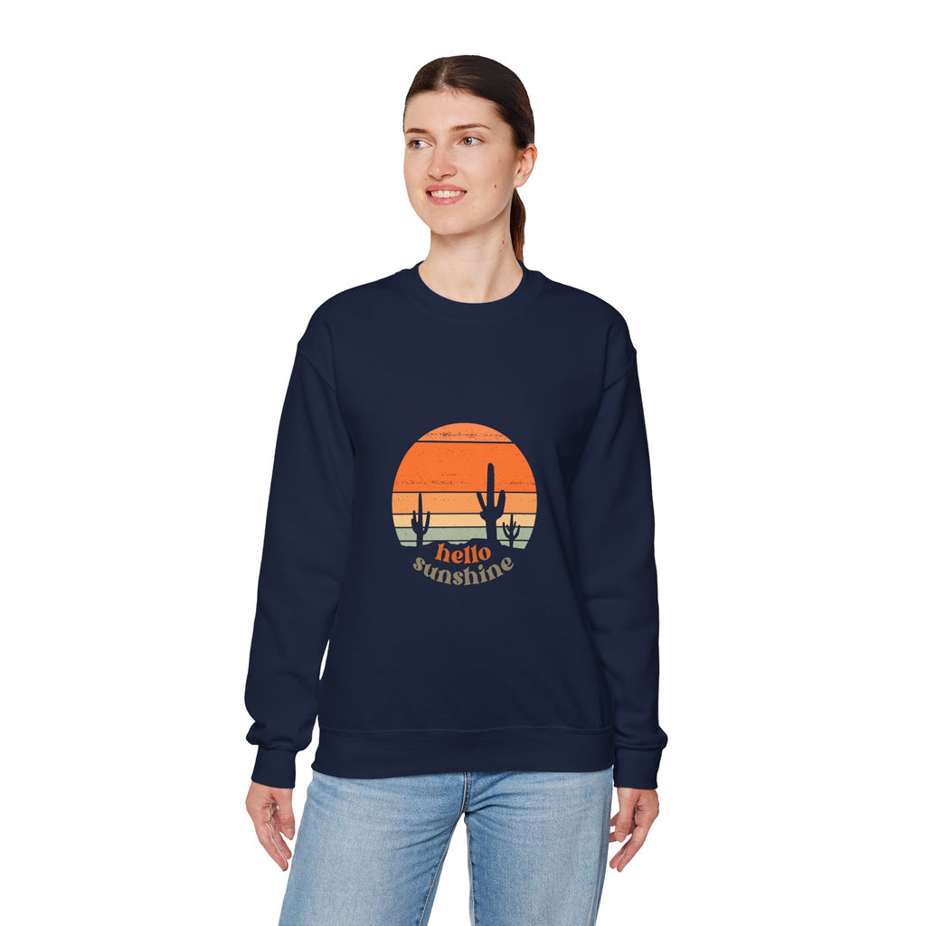 Hello Sunshine Crewneck Sweatshirt — Retro Sunset Cactus Graphic