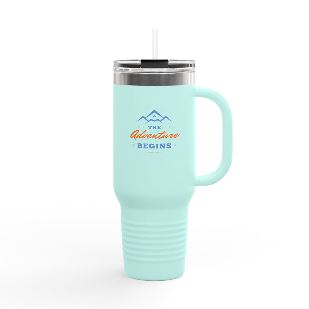 40oz Insulated Travel Mug — “The Adventure Begins” Mountain Stainless Tumbler