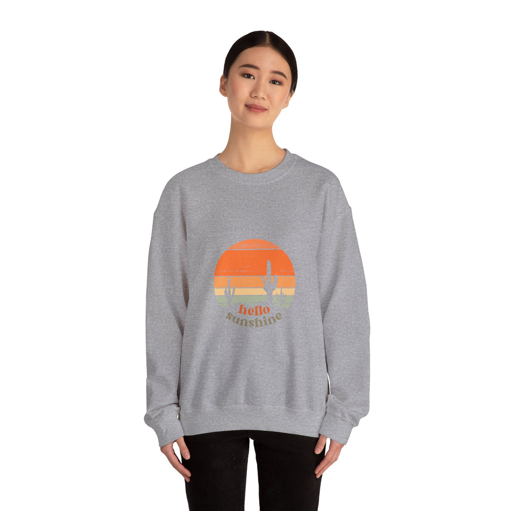 Hello Sunshine Crewneck Sweatshirt — Retro Sunset Cactus Graphic