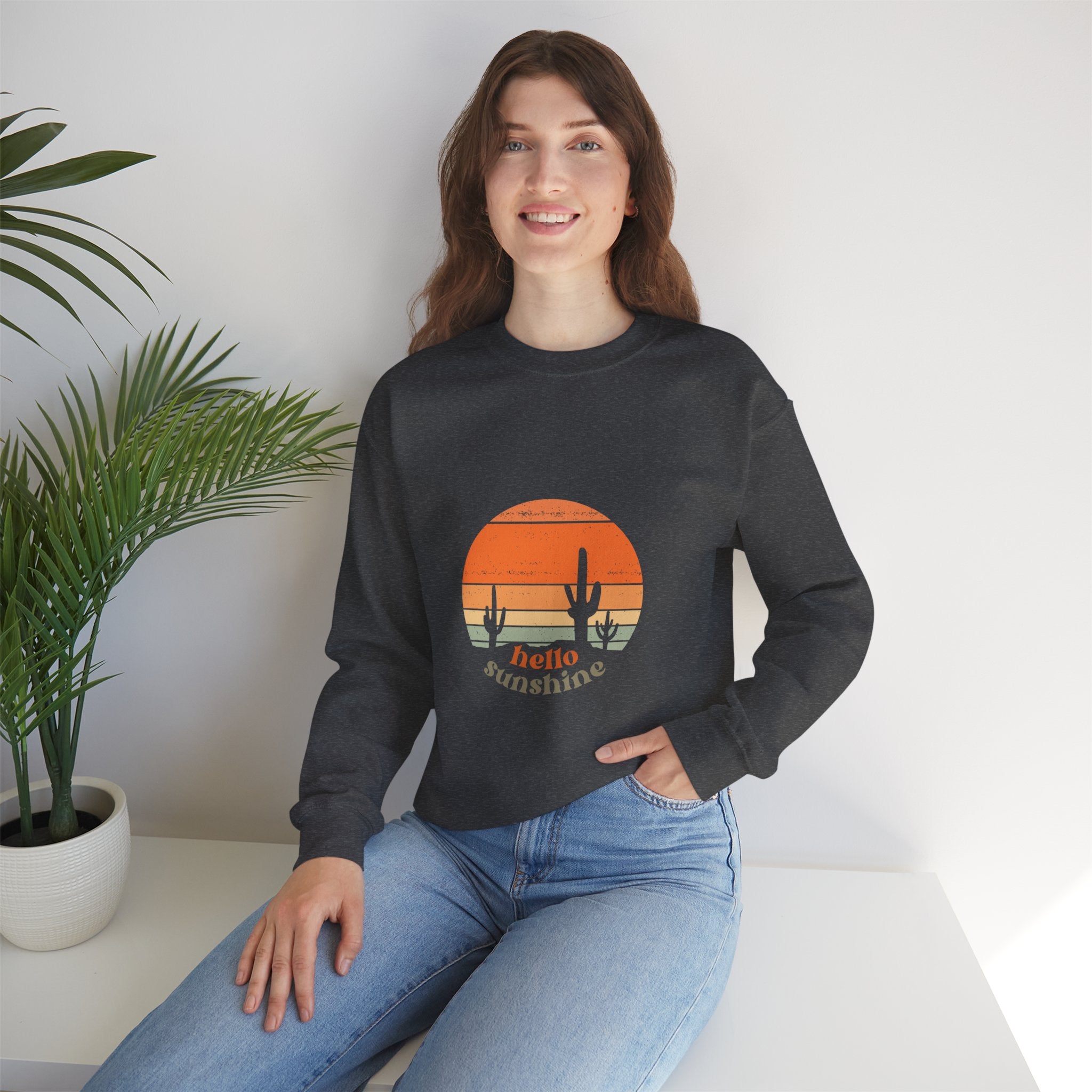 Hello Sunshine Crewneck Sweatshirt — Retro Sunset Cactus Graphic