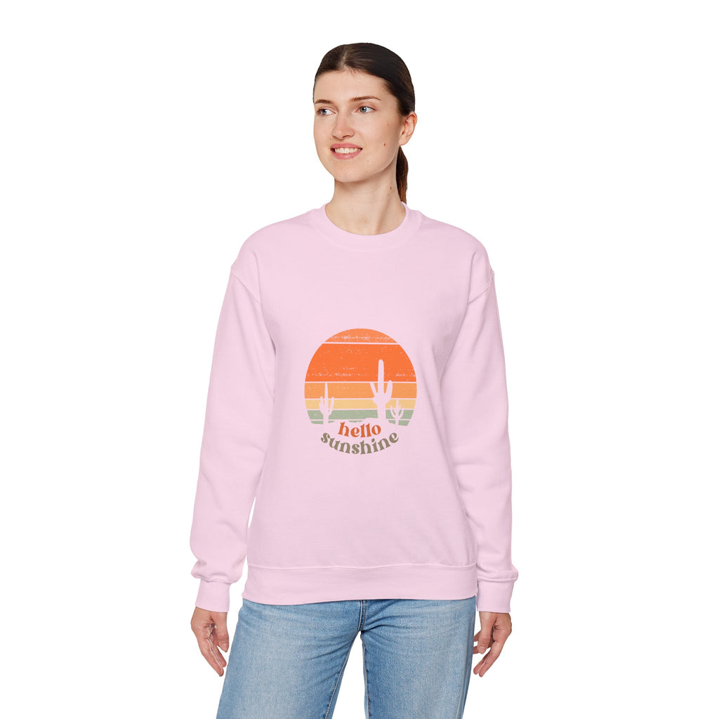Hello Sunshine Crewneck Sweatshirt — Retro Sunset Cactus Graphic