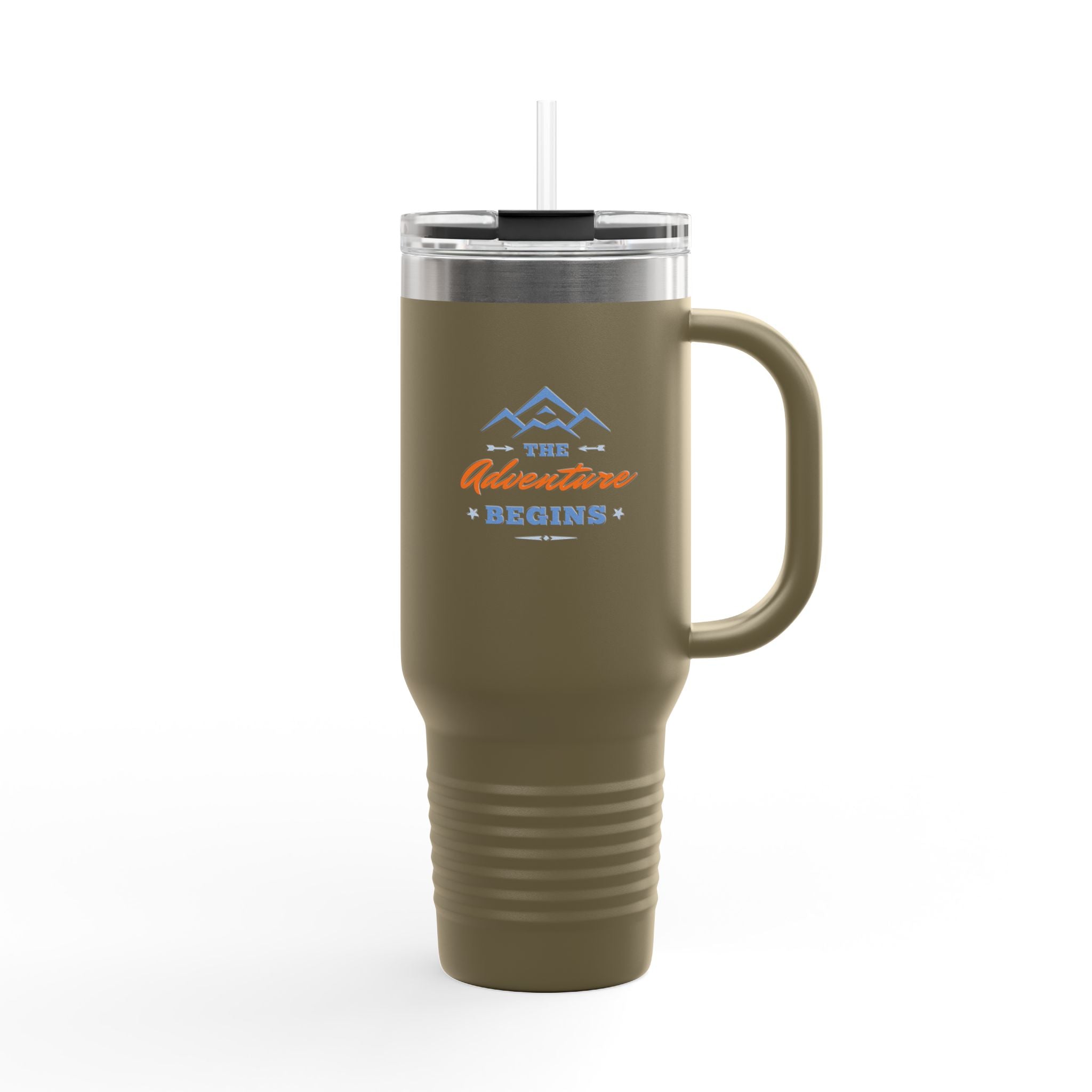 40oz Insulated Travel Mug — “The Adventure Begins” Mountain Stainless Tumbler