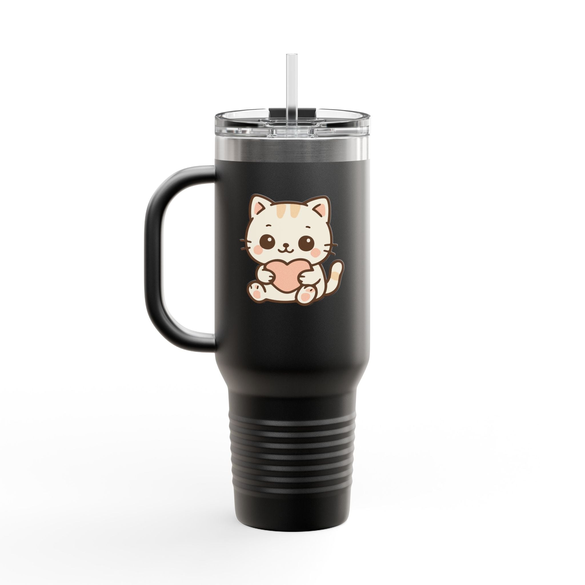 40oz Insulated Travel Mug Tumbler— Cute Kawaii Kitten Holding Heart
