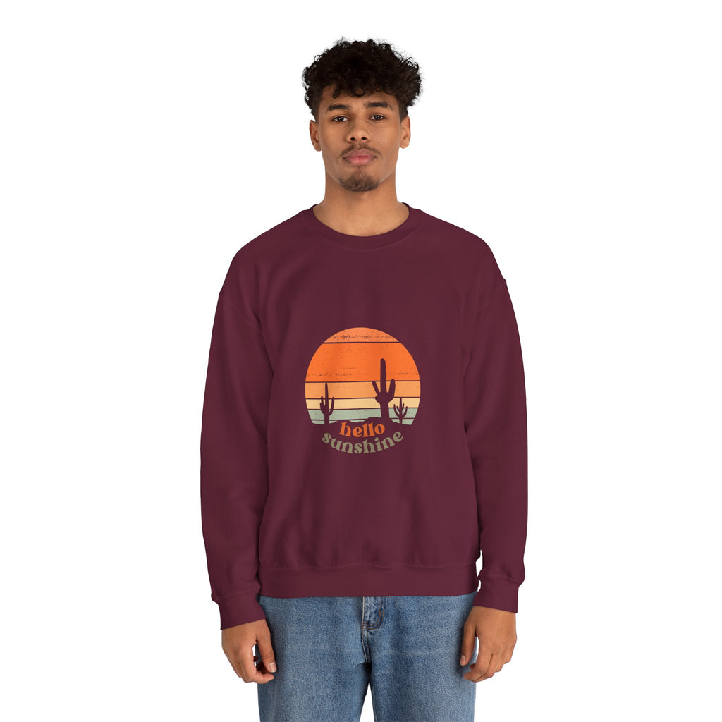 Hello Sunshine Crewneck Sweatshirt — Retro Sunset Cactus Graphic