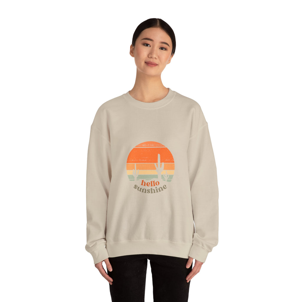 Hello Sunshine Crewneck Sweatshirt — Retro Sunset Cactus Graphic