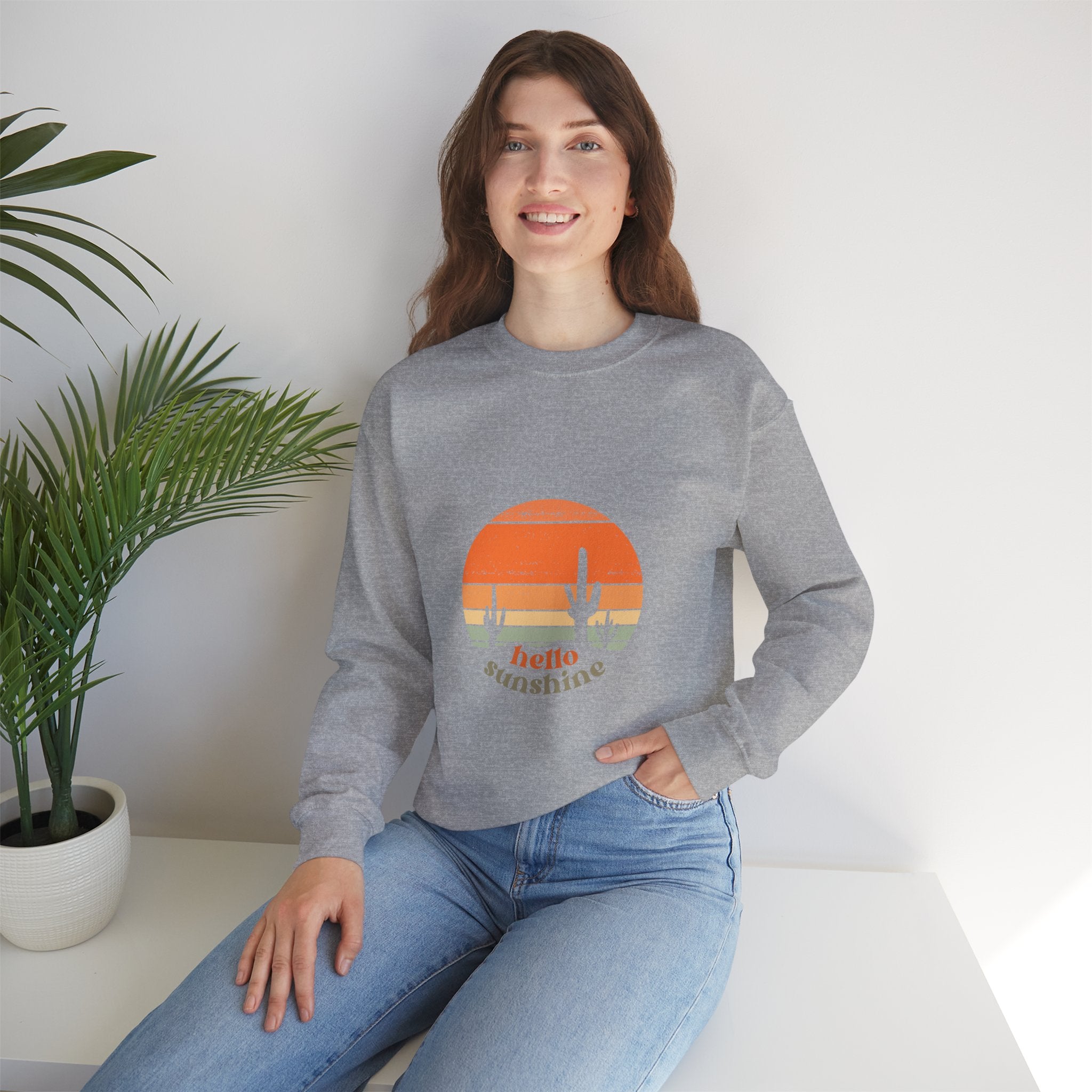 Hello Sunshine Crewneck Sweatshirt — Retro Sunset Cactus Graphic