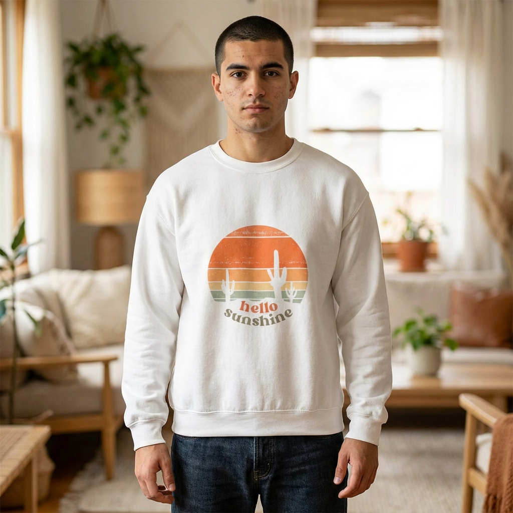 Hello Sunshine Crewneck Sweatshirt — Retro Sunset Cactus Graphic