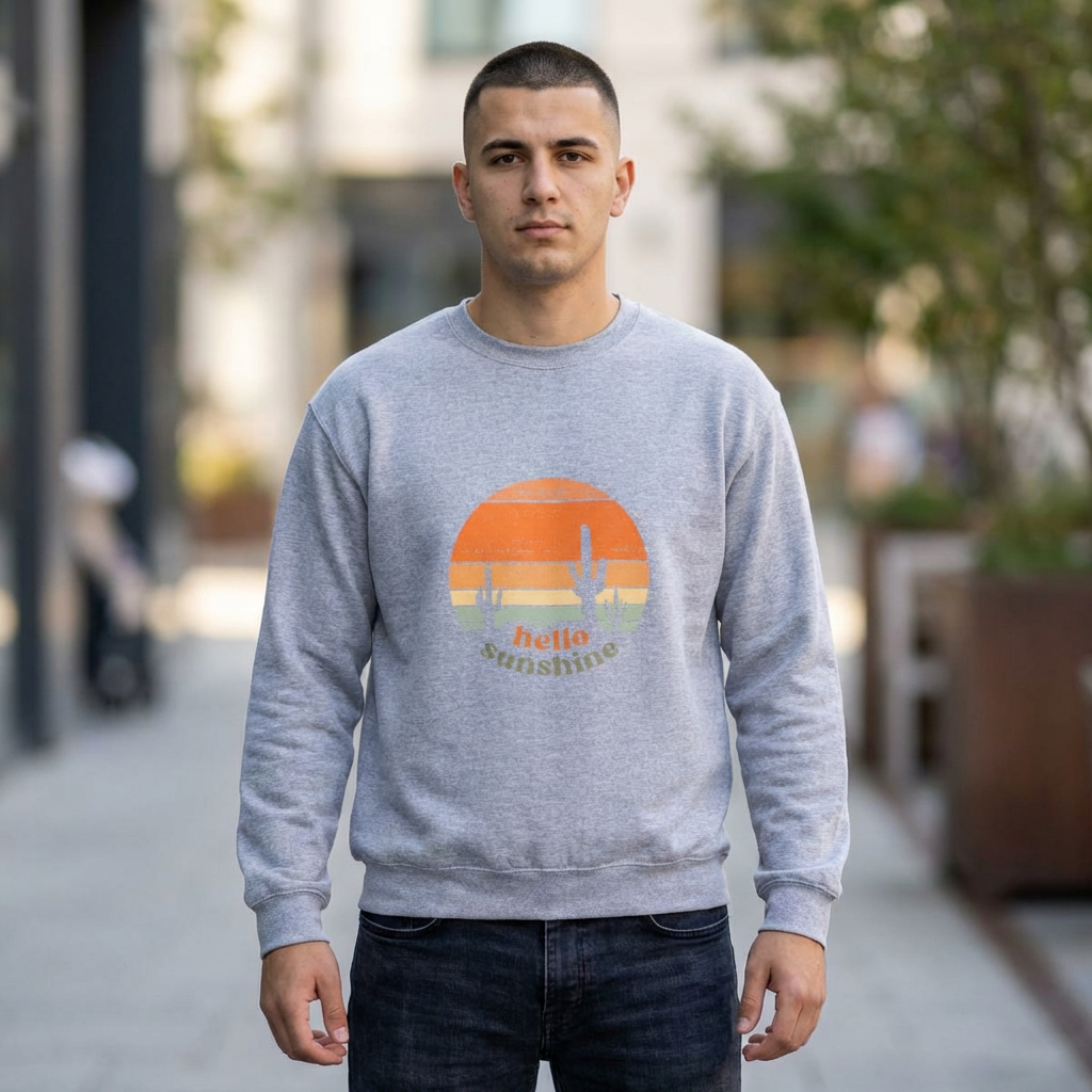 Hello Sunshine Crewneck Sweatshirt — Retro Sunset Cactus Graphic