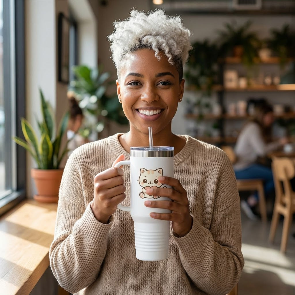 40oz Insulated Travel Mug Tumbler— Cute Kawaii Kitten Holding Heart
