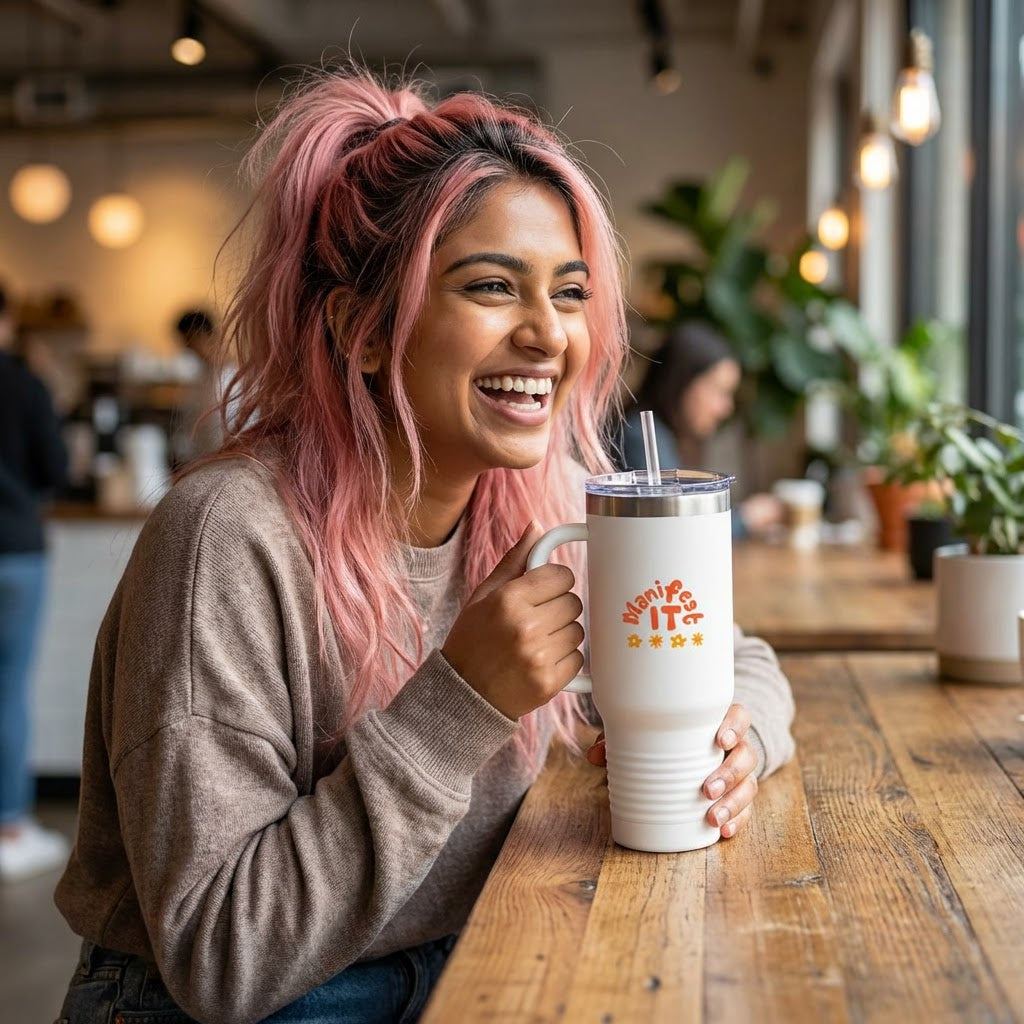 Insulated Travel Mug — "Manifest It" 40oz Tumbler with Lid & Straw