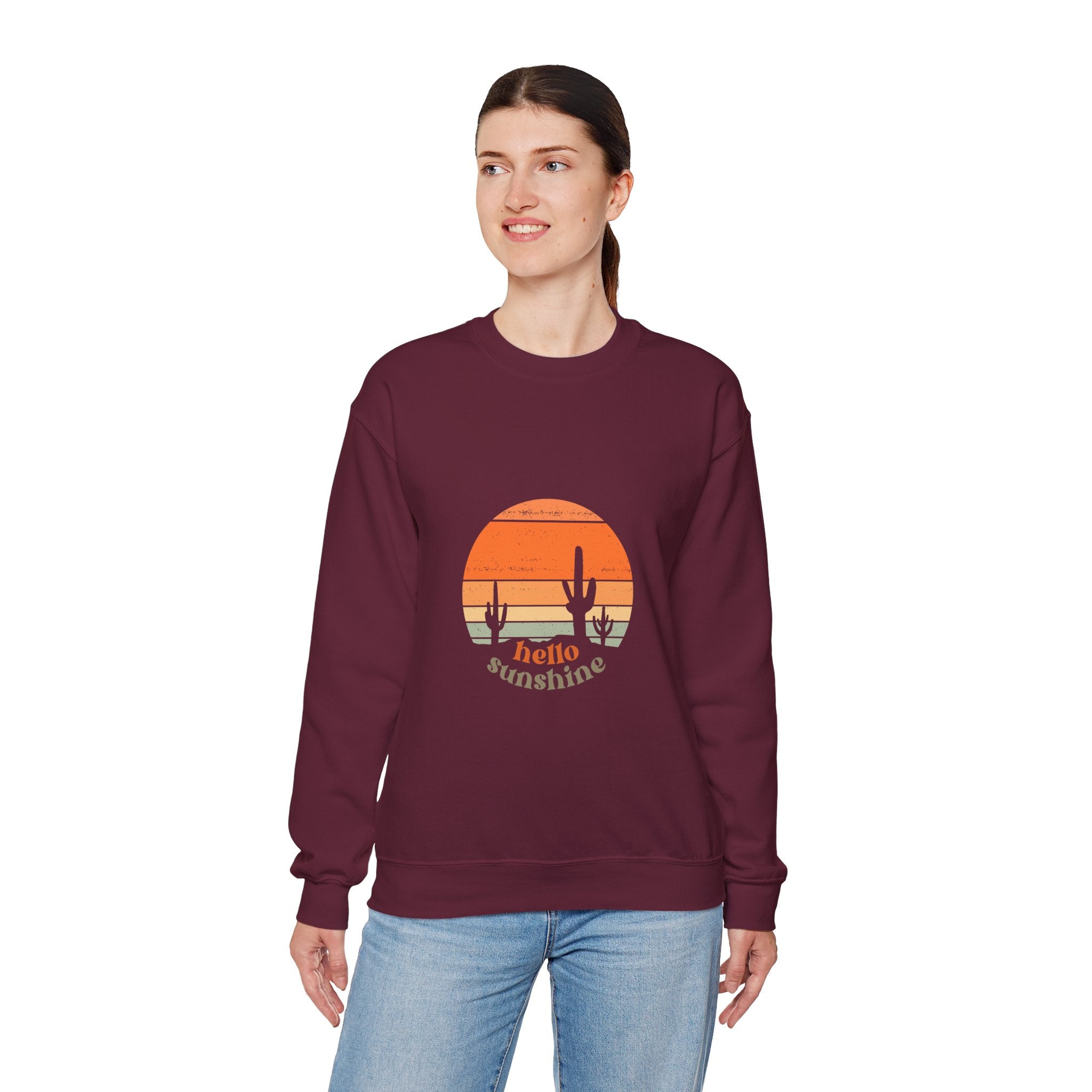 Hello Sunshine Crewneck Sweatshirt — Retro Sunset Cactus Graphic