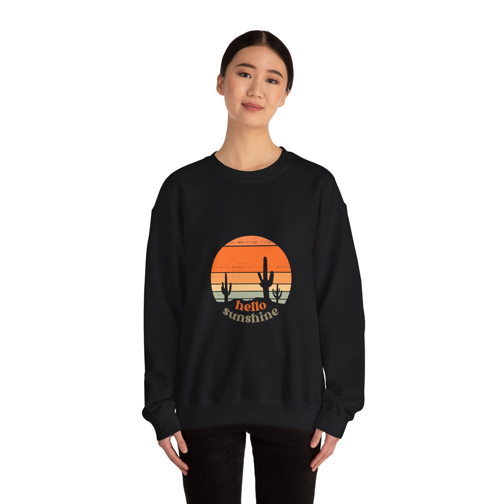 Hello Sunshine Crewneck Sweatshirt — Retro Sunset Cactus Graphic