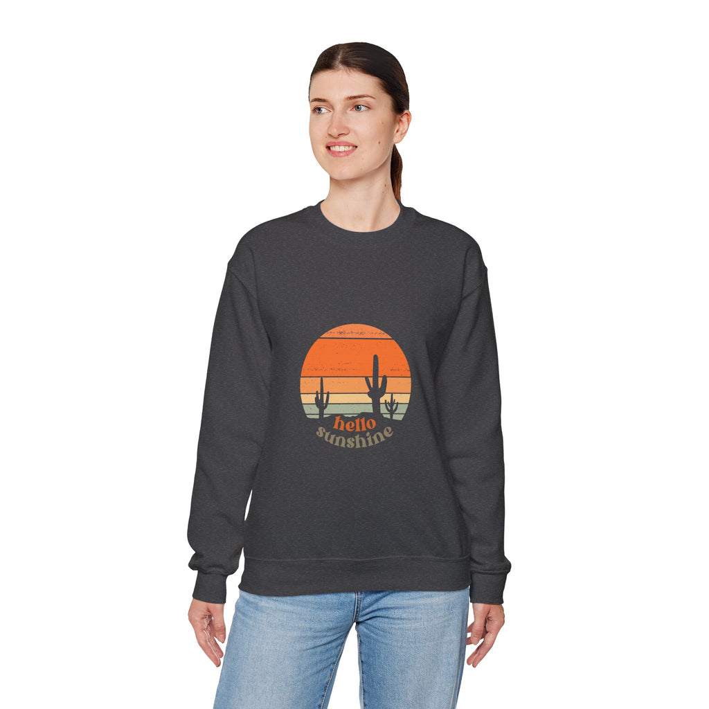 Hello Sunshine Crewneck Sweatshirt — Retro Sunset Cactus Graphic