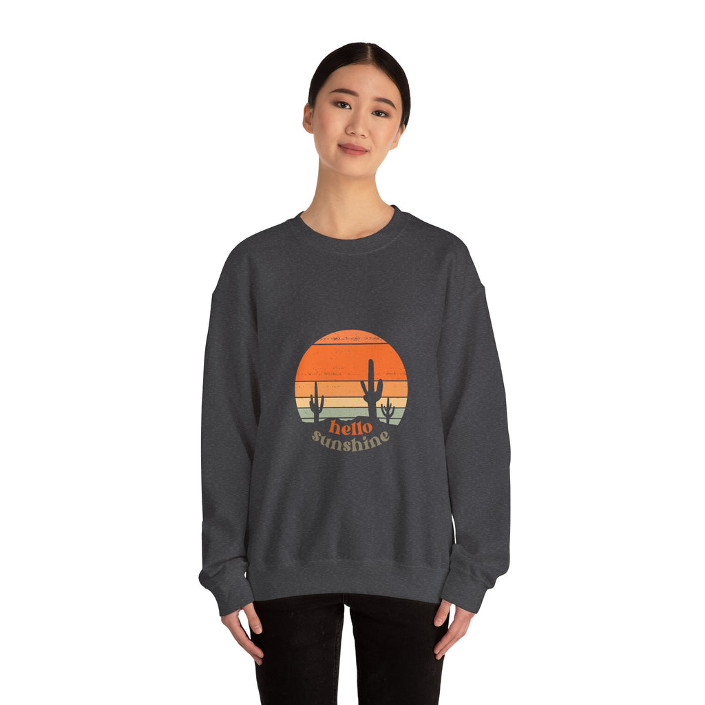 Hello Sunshine Crewneck Sweatshirt — Retro Sunset Cactus Graphic
