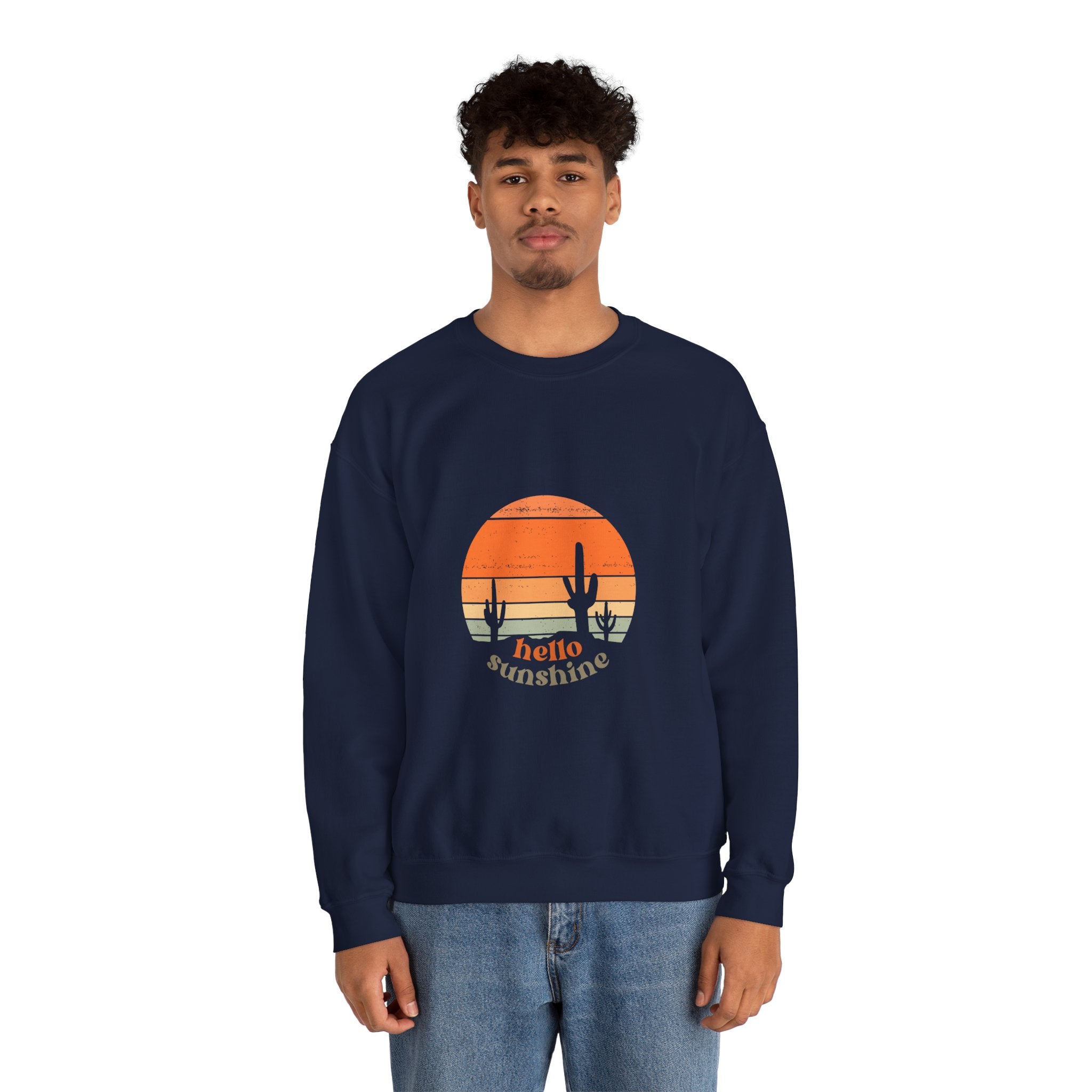 Hello Sunshine Crewneck Sweatshirt — Retro Sunset Cactus Graphic