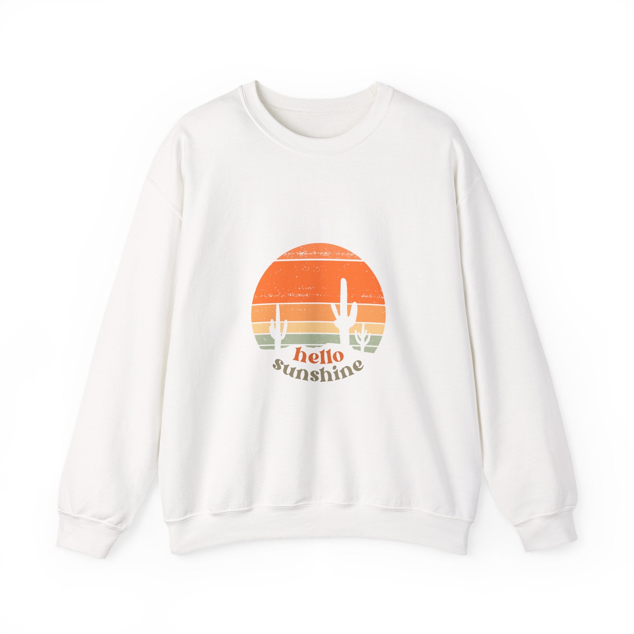 Hello Sunshine Crewneck Sweatshirt — Retro Sunset Cactus Graphic