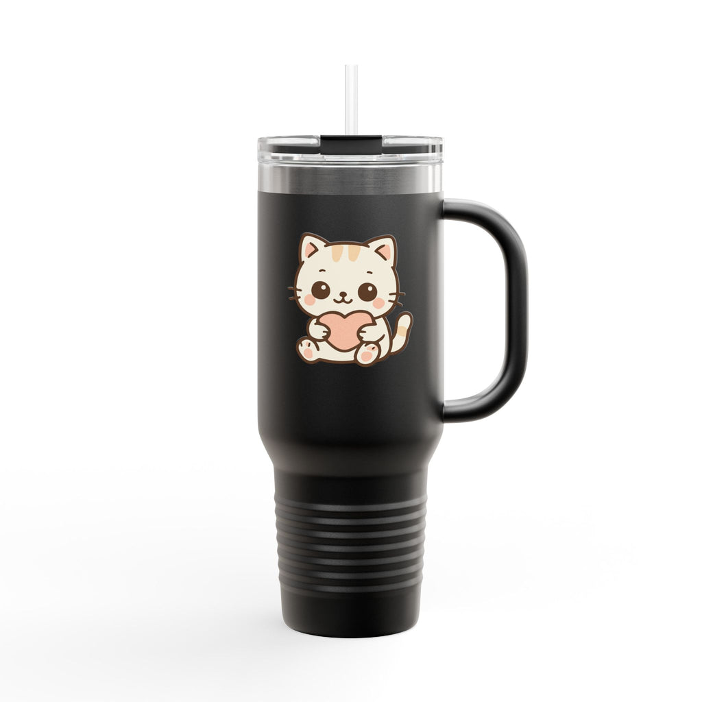 40oz Insulated Travel Mug Tumbler— Cute Kawaii Kitten Holding Heart