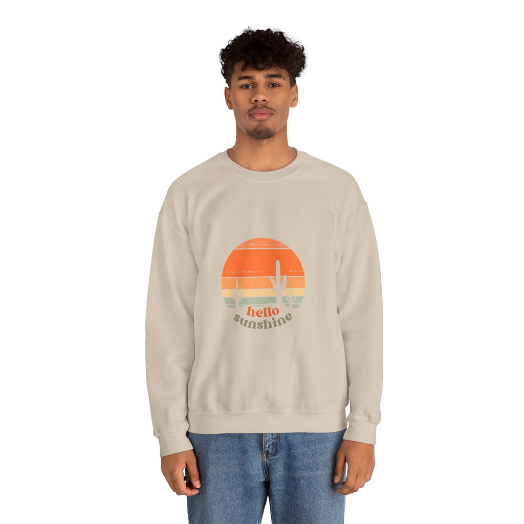 Hello Sunshine Crewneck Sweatshirt — Retro Sunset Cactus Graphic