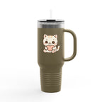 40oz Insulated Travel Mug Tumbler— Cute Kawaii Kitten Holding Heart