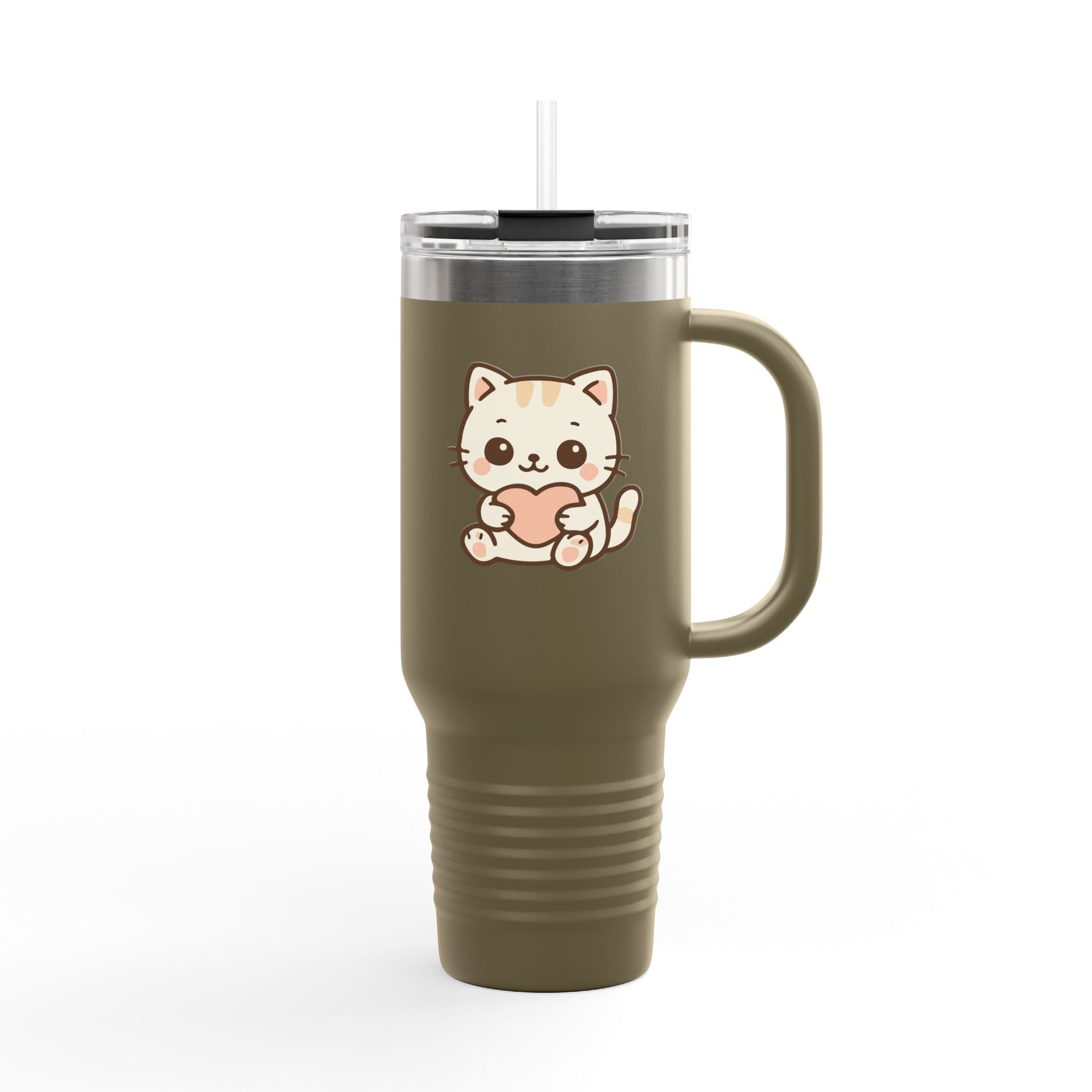 40oz Insulated Travel Mug Tumbler— Cute Kawaii Kitten Holding Heart
