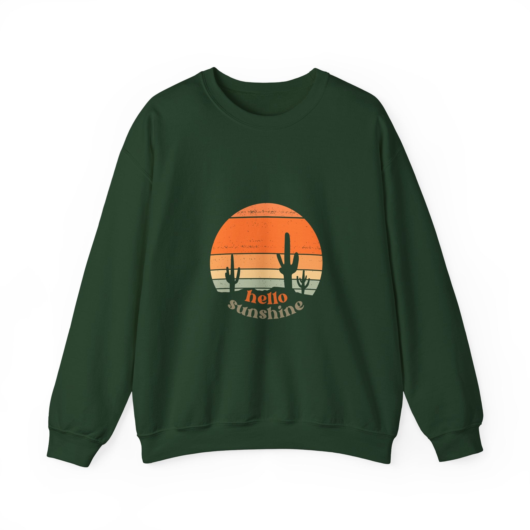 Hello Sunshine Crewneck Sweatshirt — Retro Sunset Cactus Graphic
