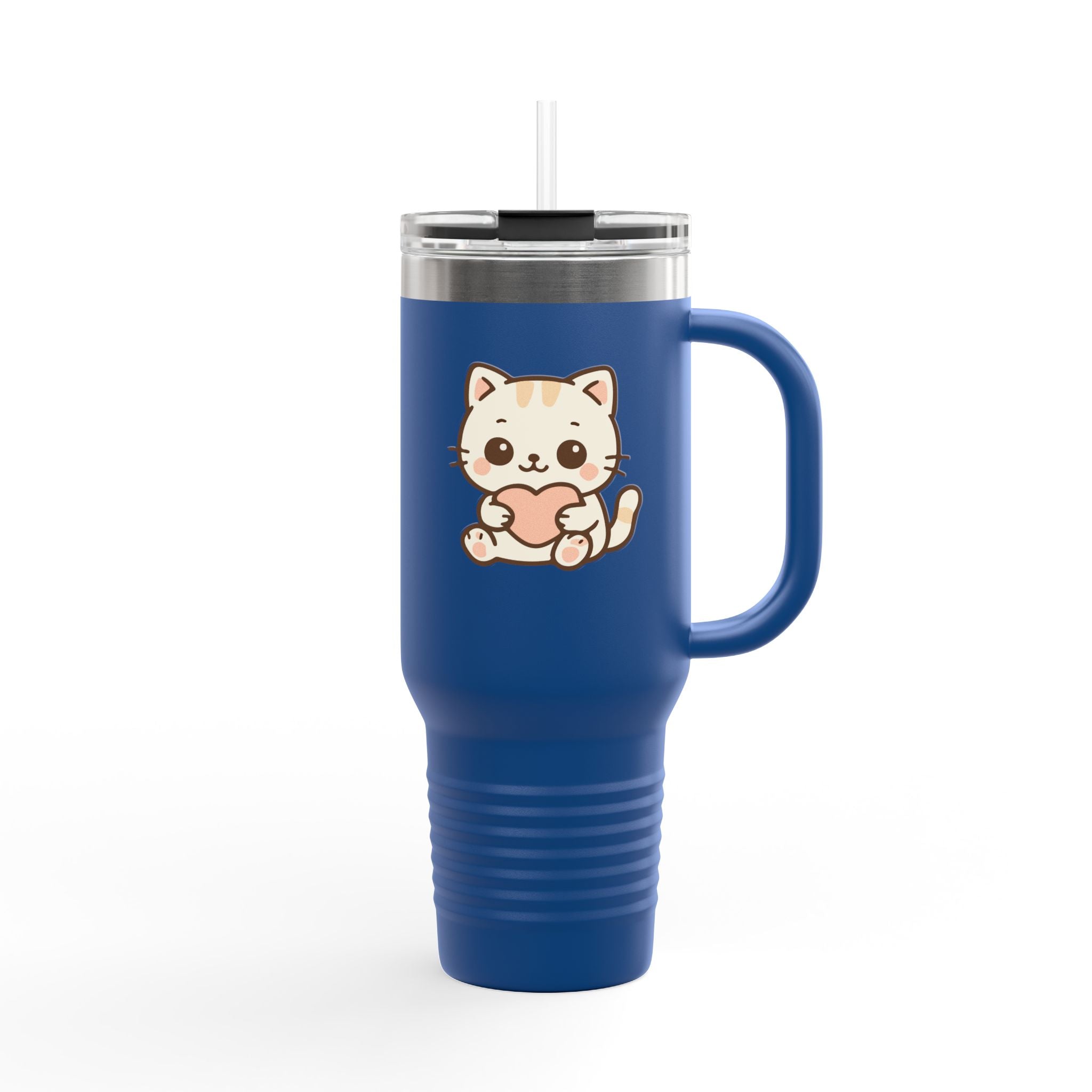 40oz Insulated Travel Mug Tumbler— Cute Kawaii Kitten Holding Heart