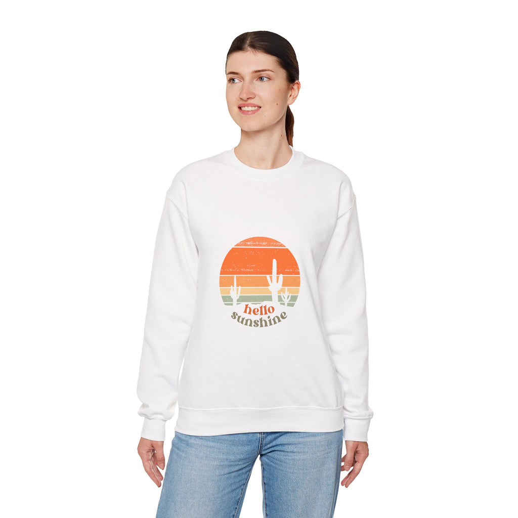 Hello Sunshine Crewneck Sweatshirt — Retro Sunset Cactus Graphic