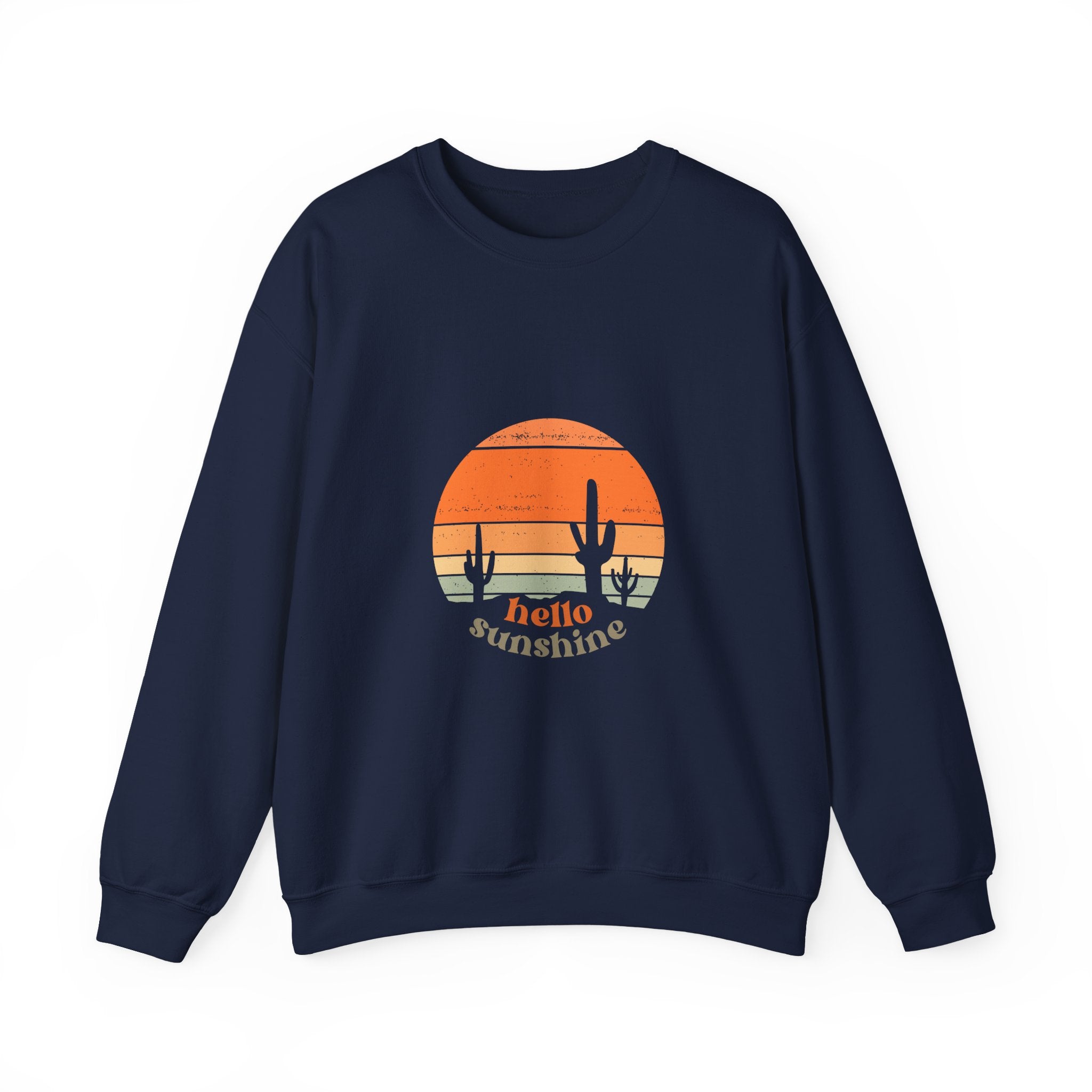 Hello Sunshine Crewneck Sweatshirt — Retro Sunset Cactus Graphic