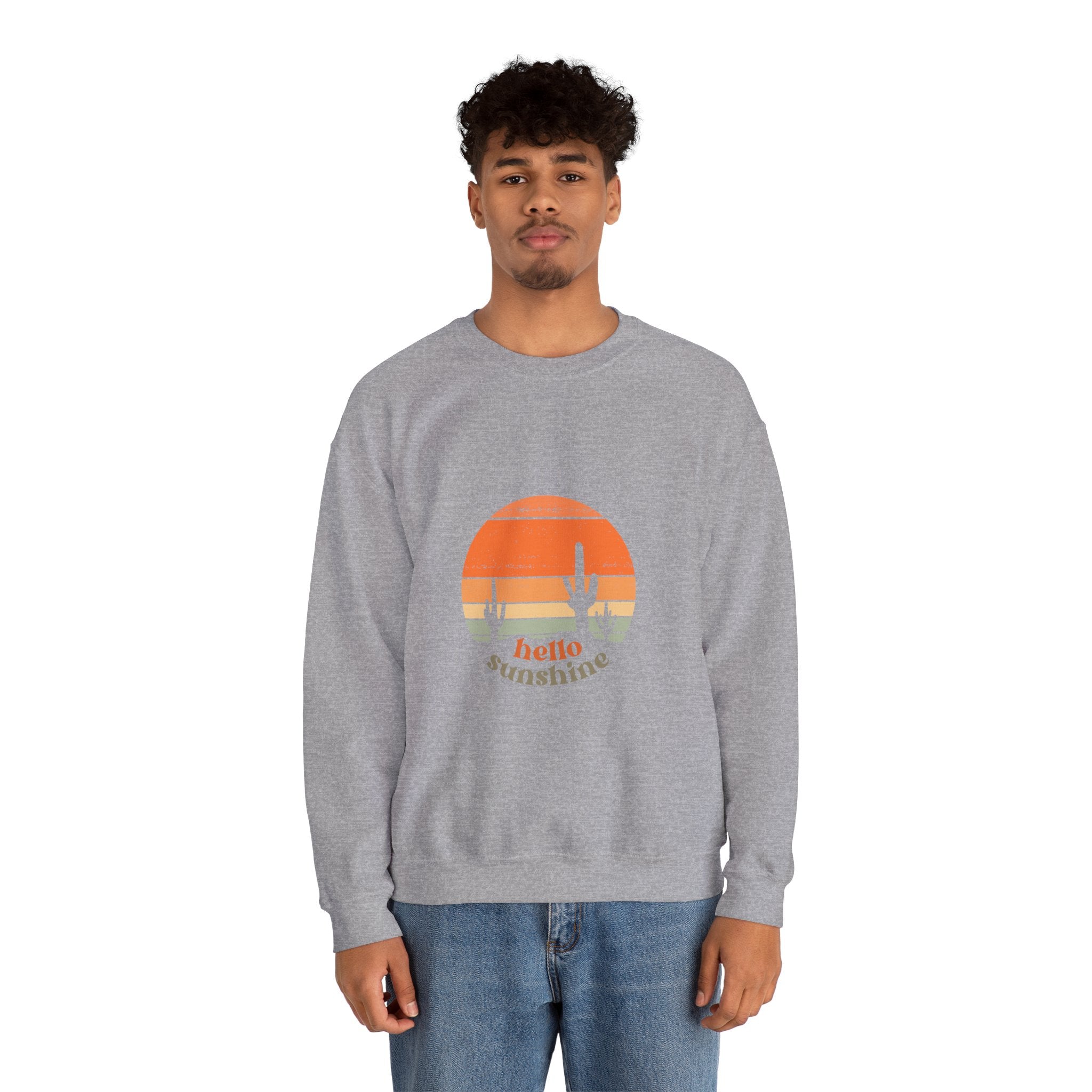 Hello Sunshine Crewneck Sweatshirt — Retro Sunset Cactus Graphic