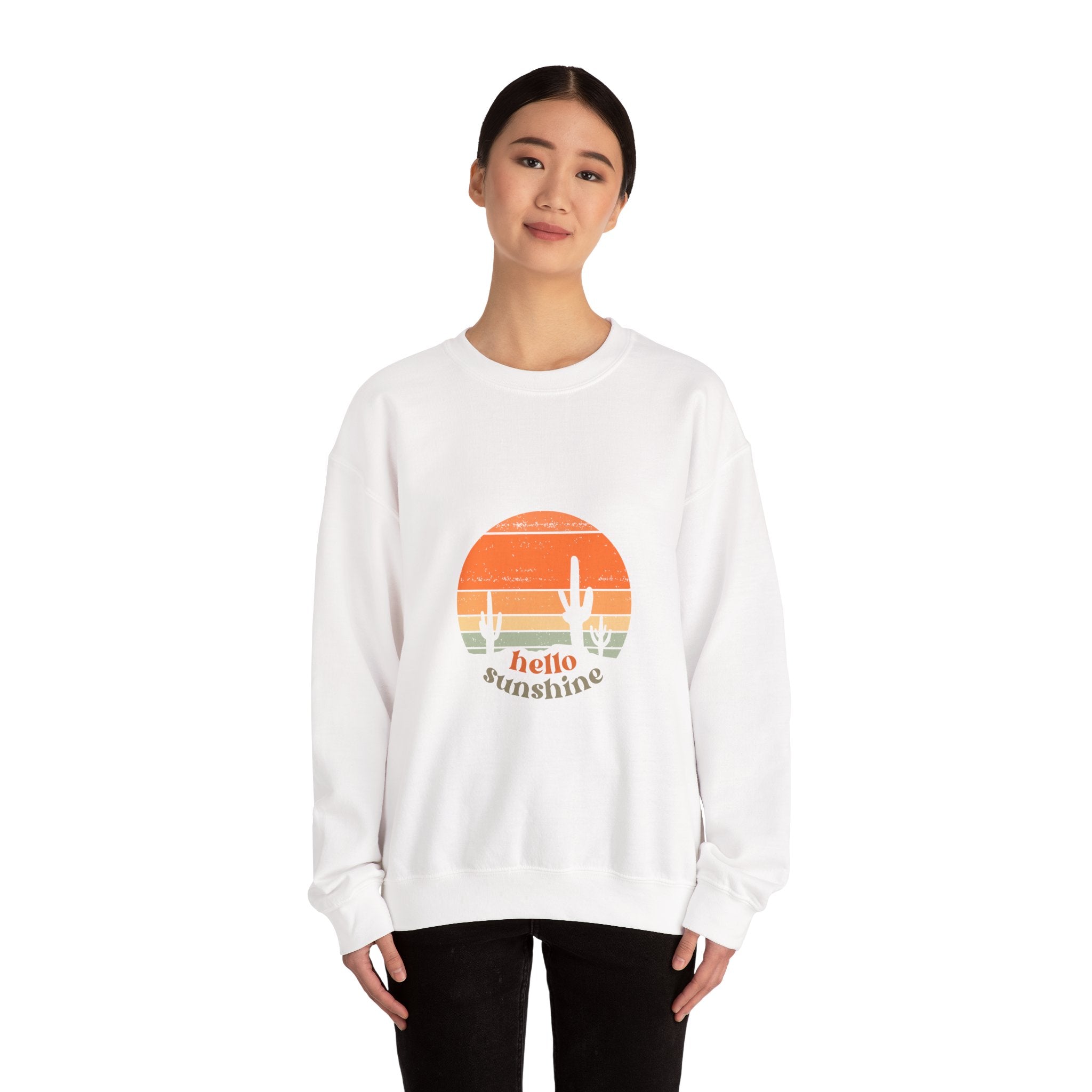 Hello Sunshine Crewneck Sweatshirt — Retro Sunset Cactus Graphic