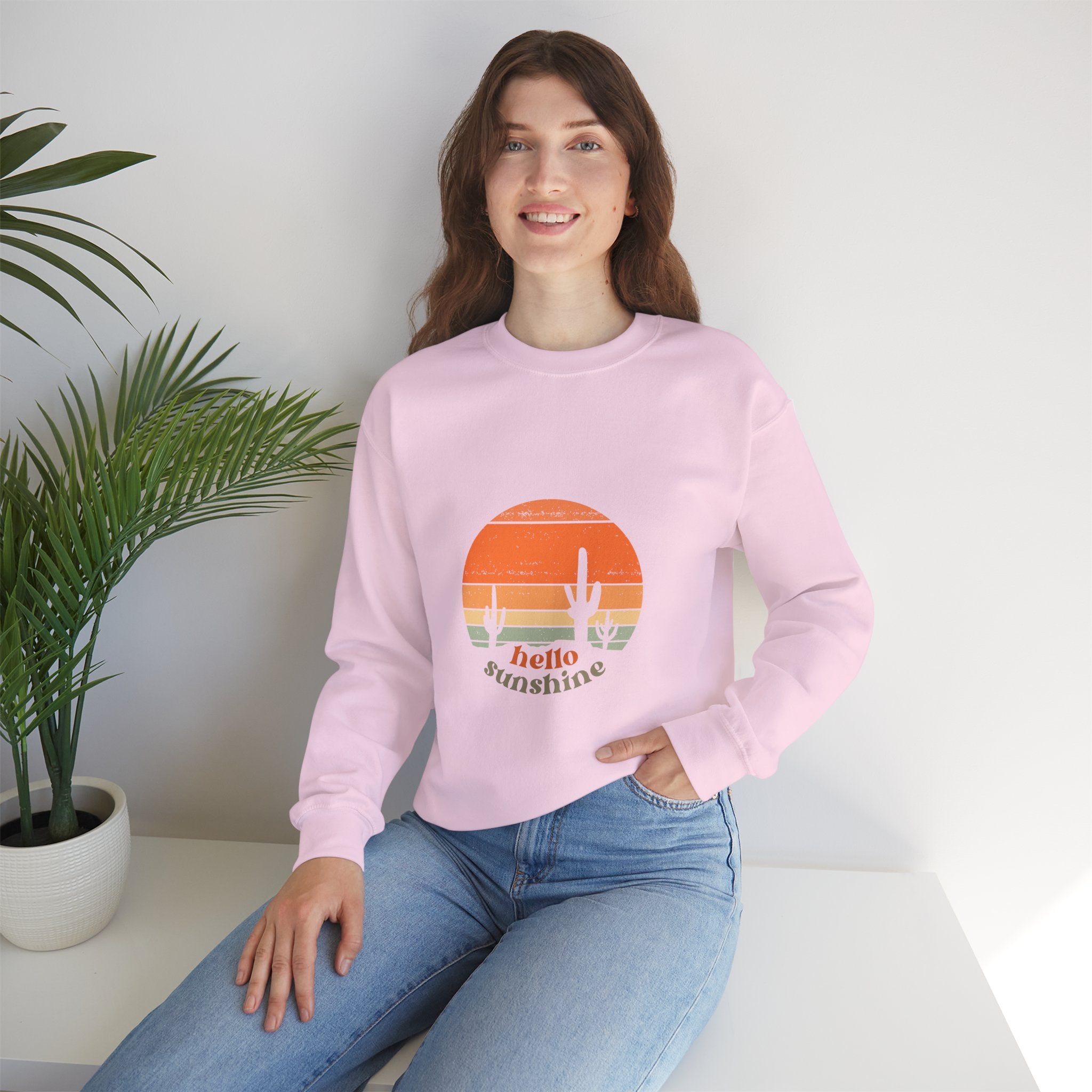 Hello Sunshine Crewneck Sweatshirt — Retro Sunset Cactus Graphic