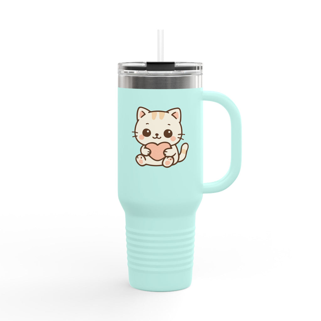40oz Insulated Travel Mug Tumbler— Cute Kawaii Kitten Holding Heart